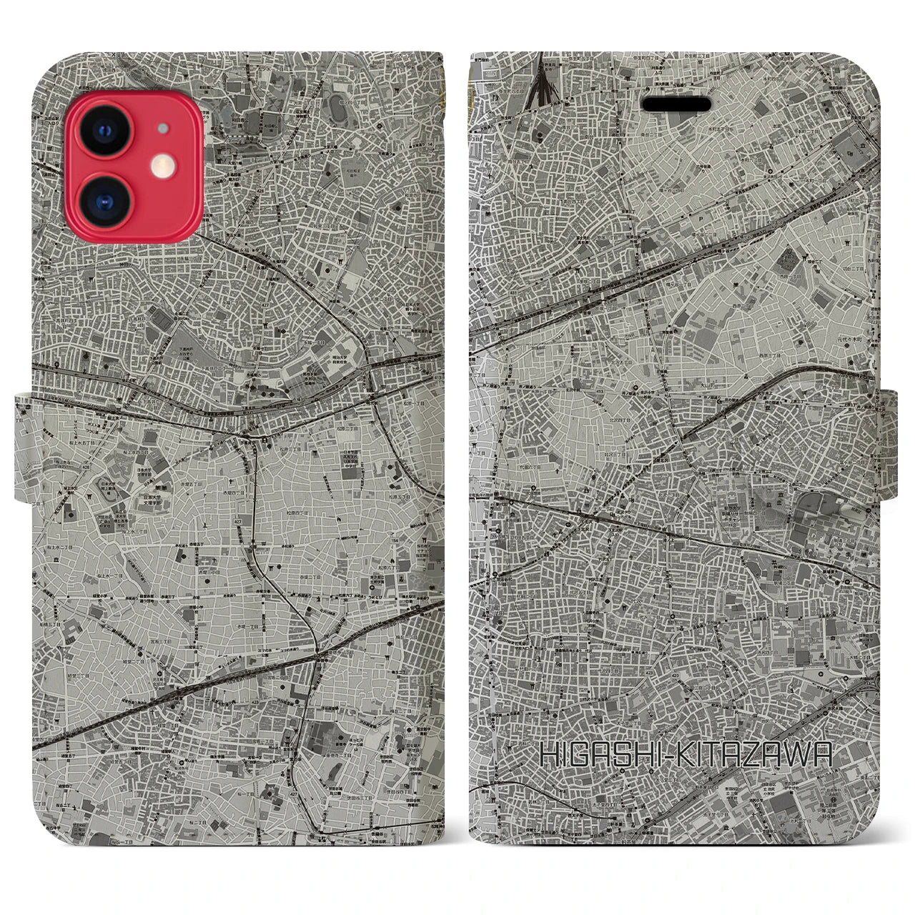 【東北沢(東京都)】地図柄iPhoneケース(手帳タイプ)モノトーン・iPhone 11 用