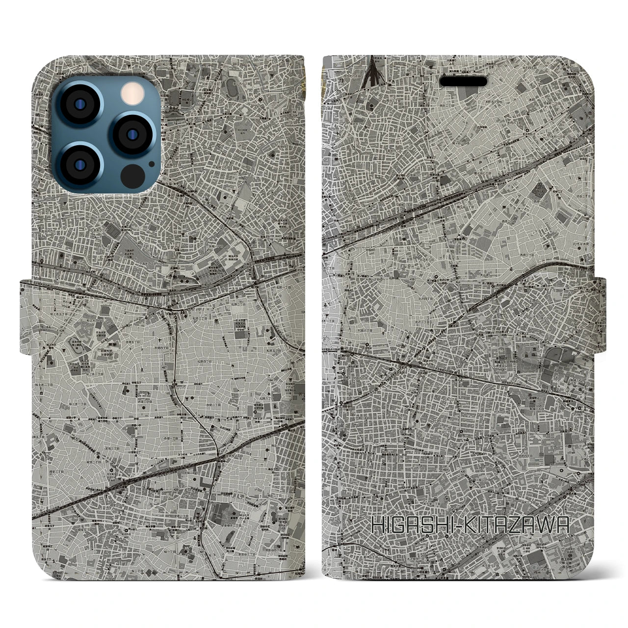 【東北沢(東京都)】地図柄iPhoneケース(手帳タイプ)モノトーン・iPhone 12 / 12 Pro 用