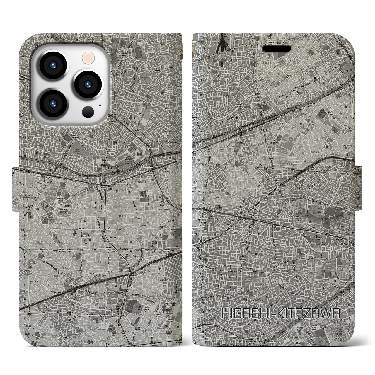 【東北沢(東京都)】地図柄iPhoneケース(手帳タイプ)モノトーン・iPhone 13 Pro 用