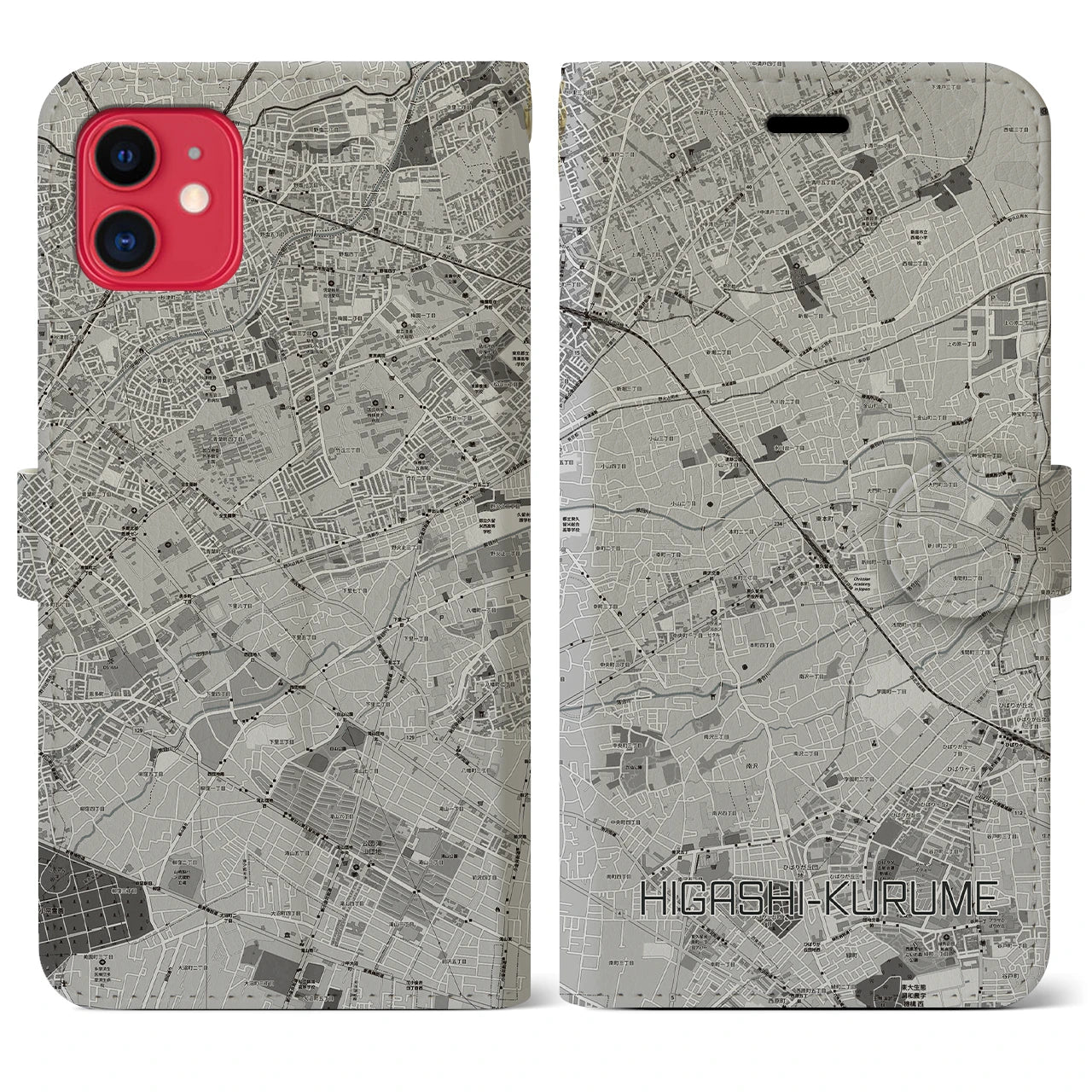 【東久留米(東京都)】地図柄iPhoneケース(手帳タイプ)モノトーン・iPhone 11 用