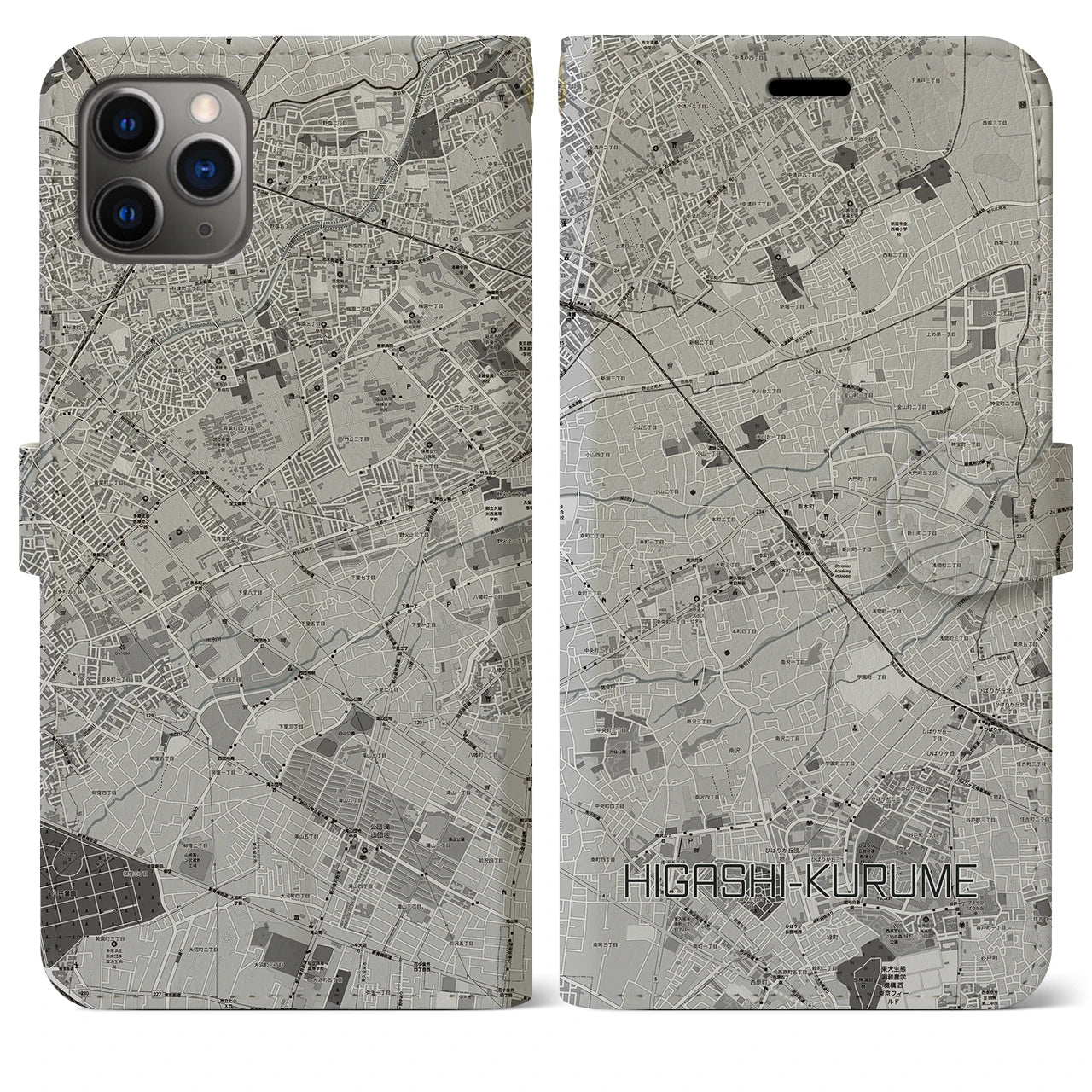【東久留米(東京都)】地図柄iPhoneケース(手帳タイプ)モノトーン・iPhone 11 Pro Max 用