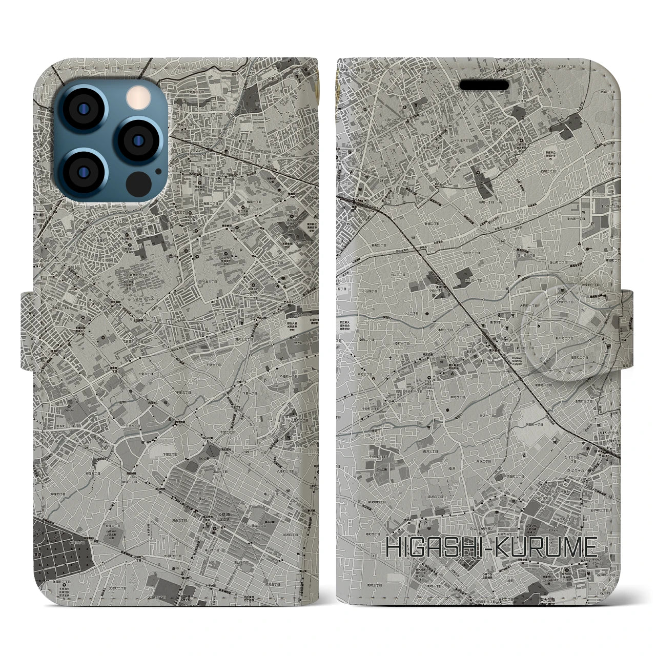 【東久留米(東京都)】地図柄iPhoneケース(手帳タイプ)モノトーン・iPhone 12 / 12 Pro 用
