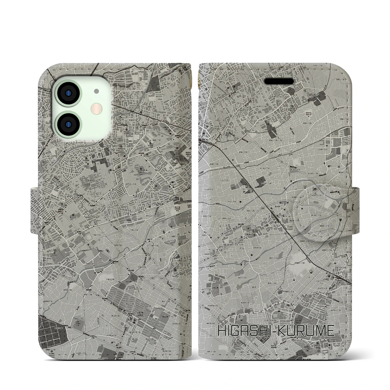 【東久留米(東京都)】地図柄iPhoneケース(手帳タイプ)モノトーン・iPhone 12 mini 用