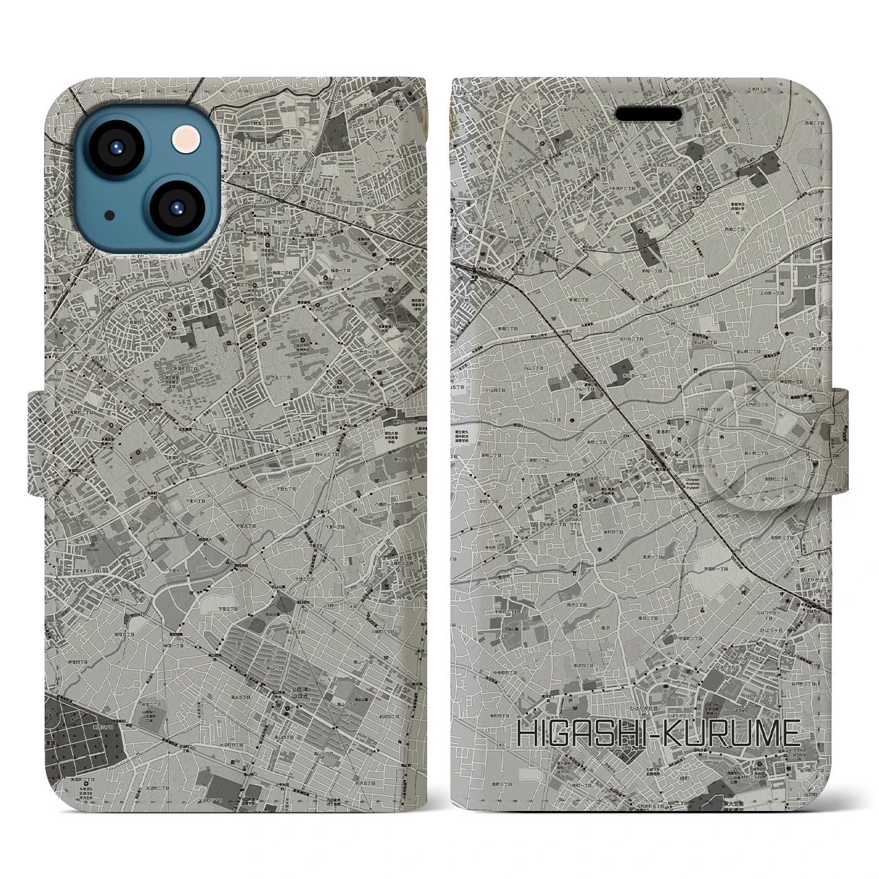 【東久留米(東京都)】地図柄iPhoneケース(手帳タイプ)モノトーン・iPhone 13 用