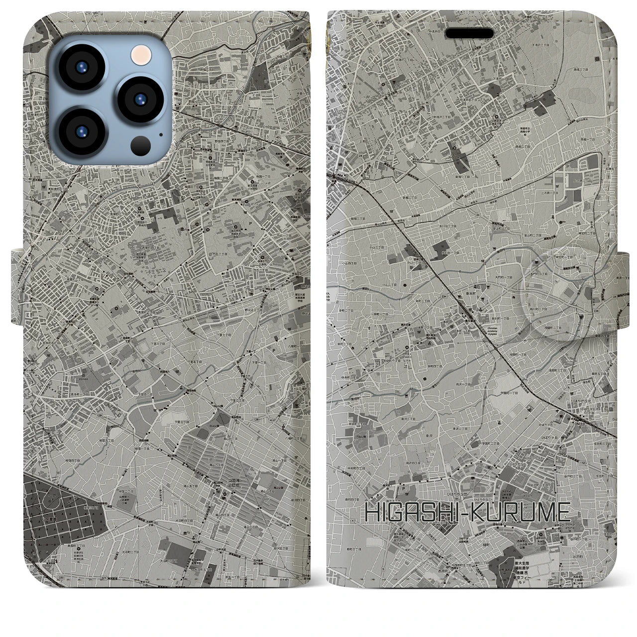 【東久留米(東京都)】地図柄iPhoneケース(手帳タイプ)モノトーン・iPhone 13 Pro Max 用