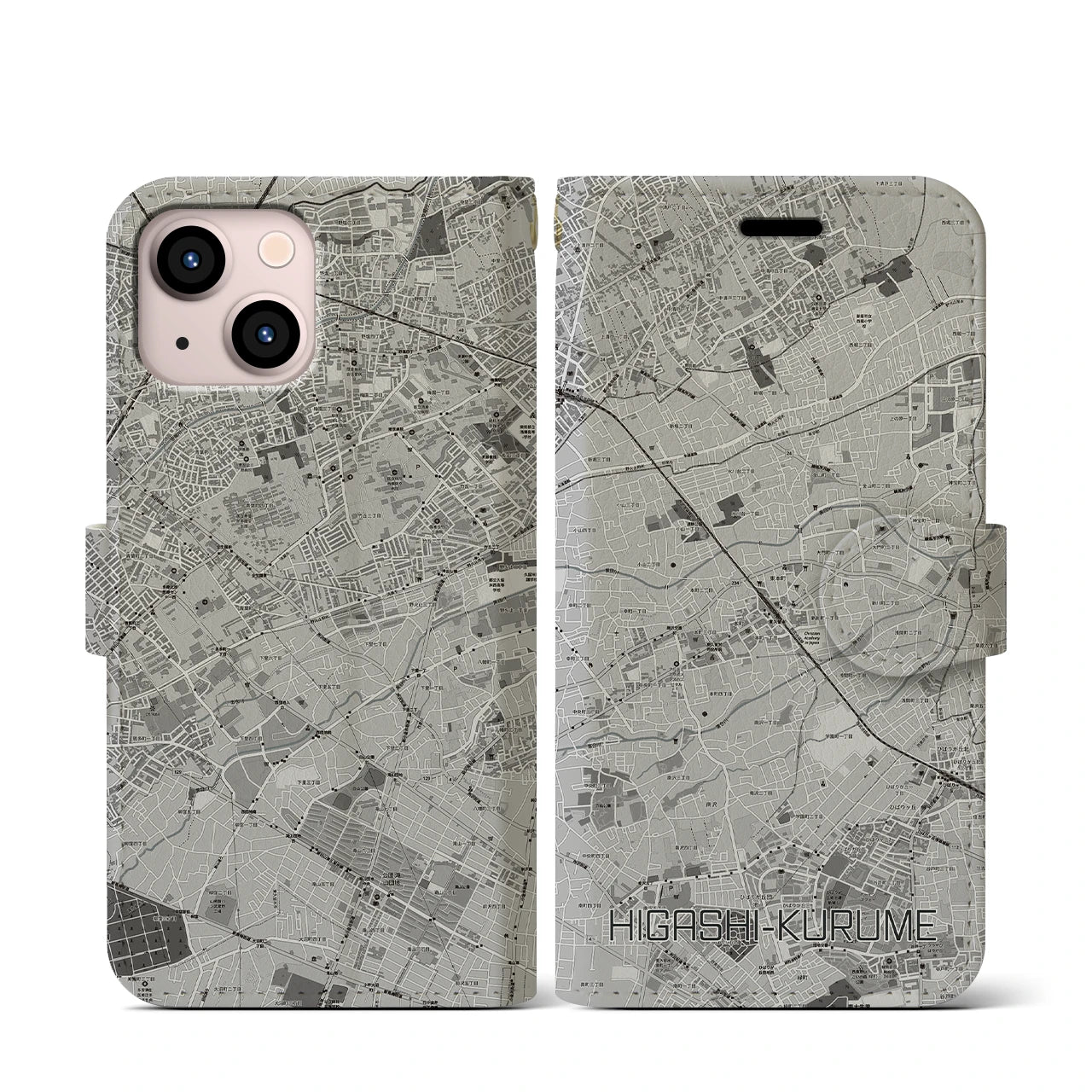【東久留米(東京都)】地図柄iPhoneケース(手帳タイプ)モノトーン・iPhone 13 mini 用