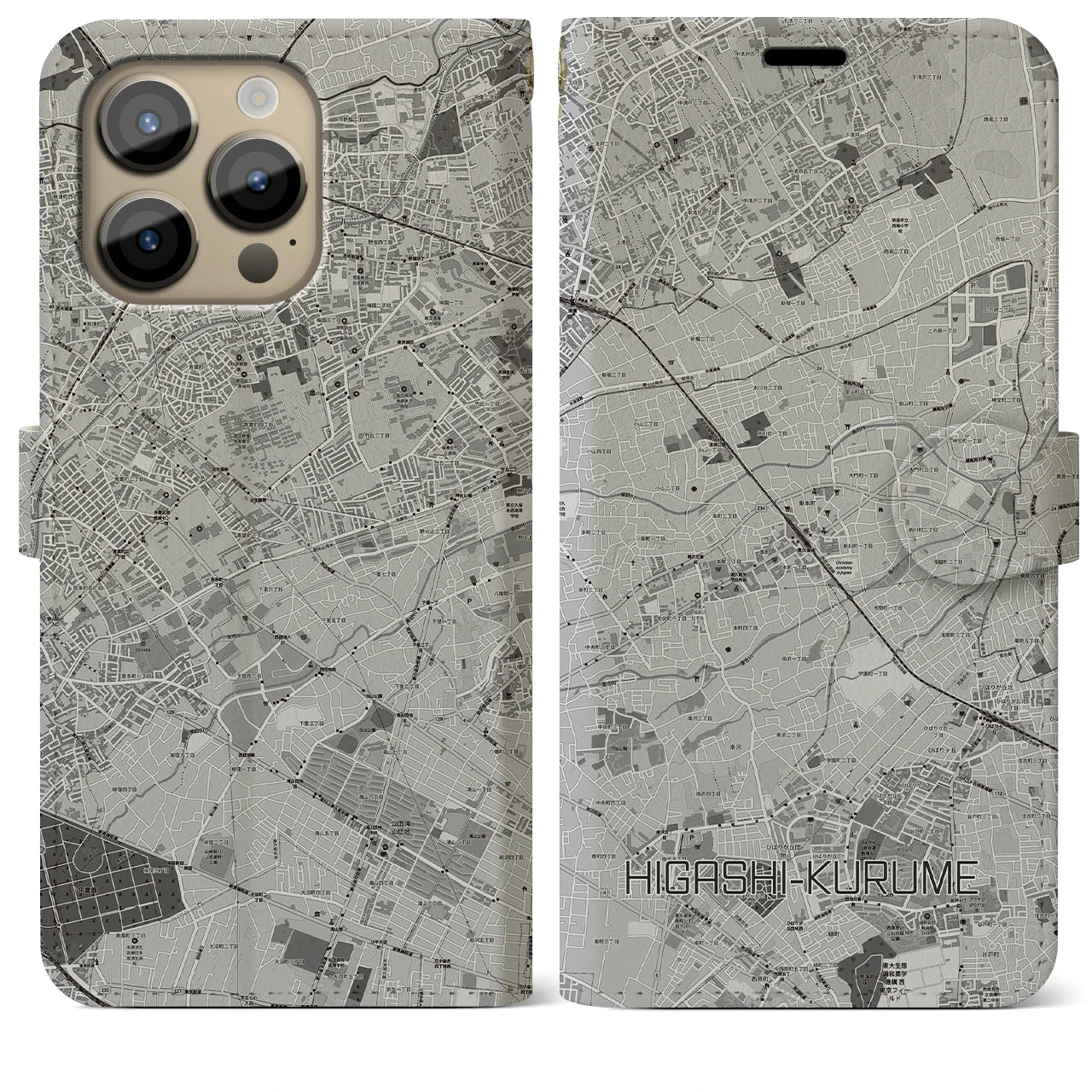 【東久留米(東京都)】地図柄iPhoneケース(手帳タイプ)モノトーン・iPhone 14 Pro Max 用