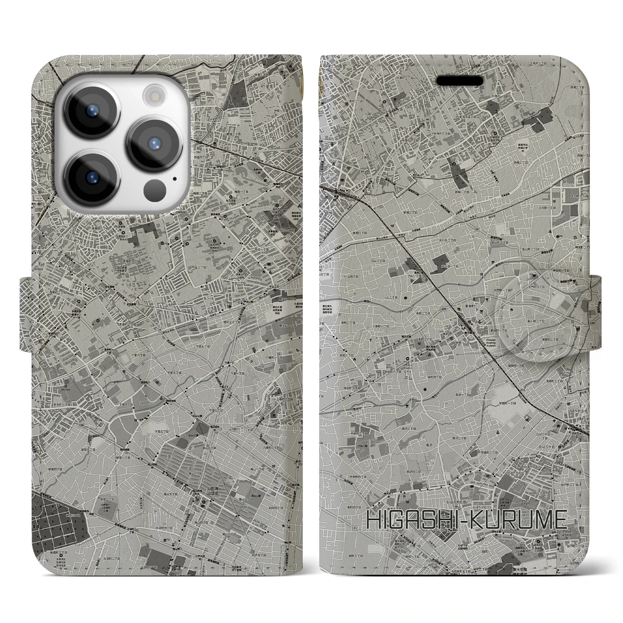 【東久留米(東京都)】地図柄iPhoneケース(手帳タイプ)モノトーン・iPhone 14 Pro 用