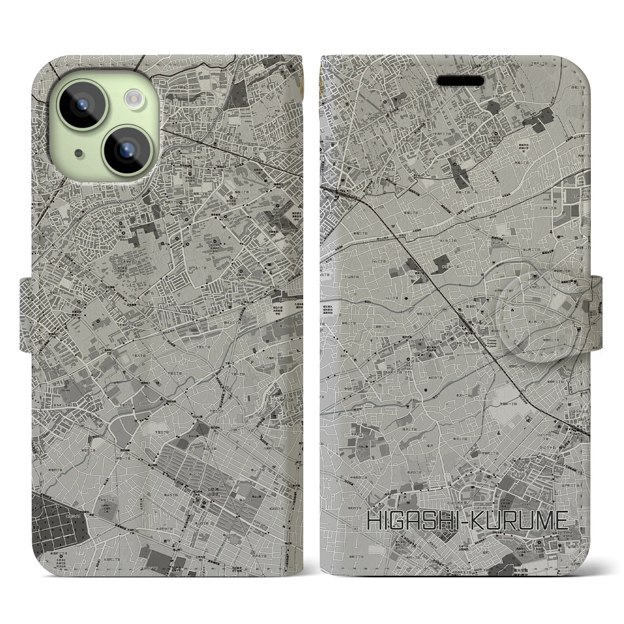 【東久留米(東京都)】地図柄iPhoneケース(手帳タイプ)モノトーン・iPhone 15 用