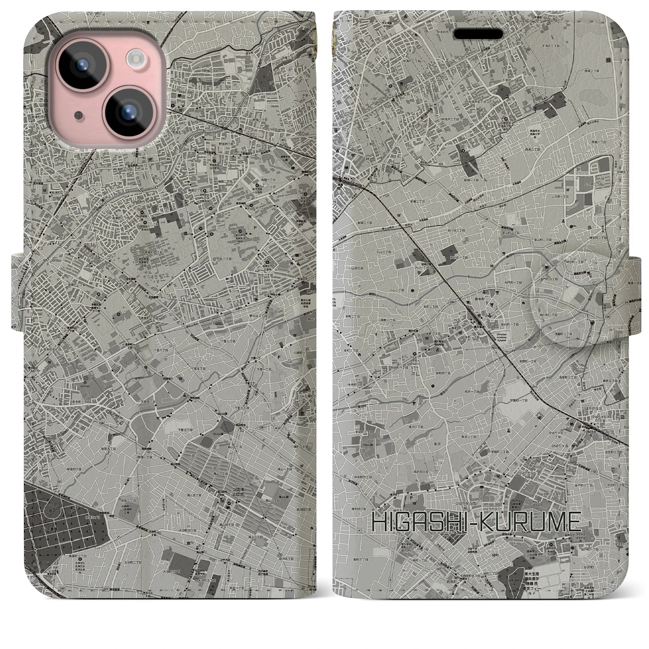 【東久留米(東京都)】地図柄iPhoneケース(手帳タイプ)モノトーン・iPhone 15 Plus 用