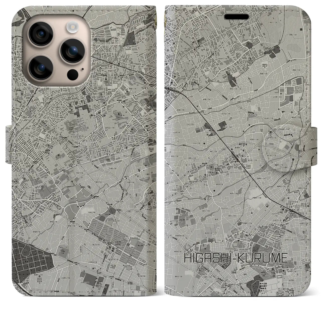【東久留米(東京都)】地図柄iPhoneケース(手帳タイプ)モノトーン・iPhone 16 Plus 用