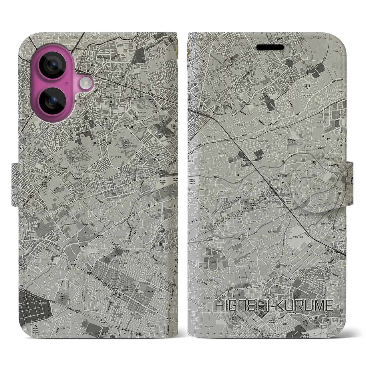 【東久留米(東京都)】地図柄iPhoneケース(手帳タイプ)モノトーン・iPhone 16 Pro 用
