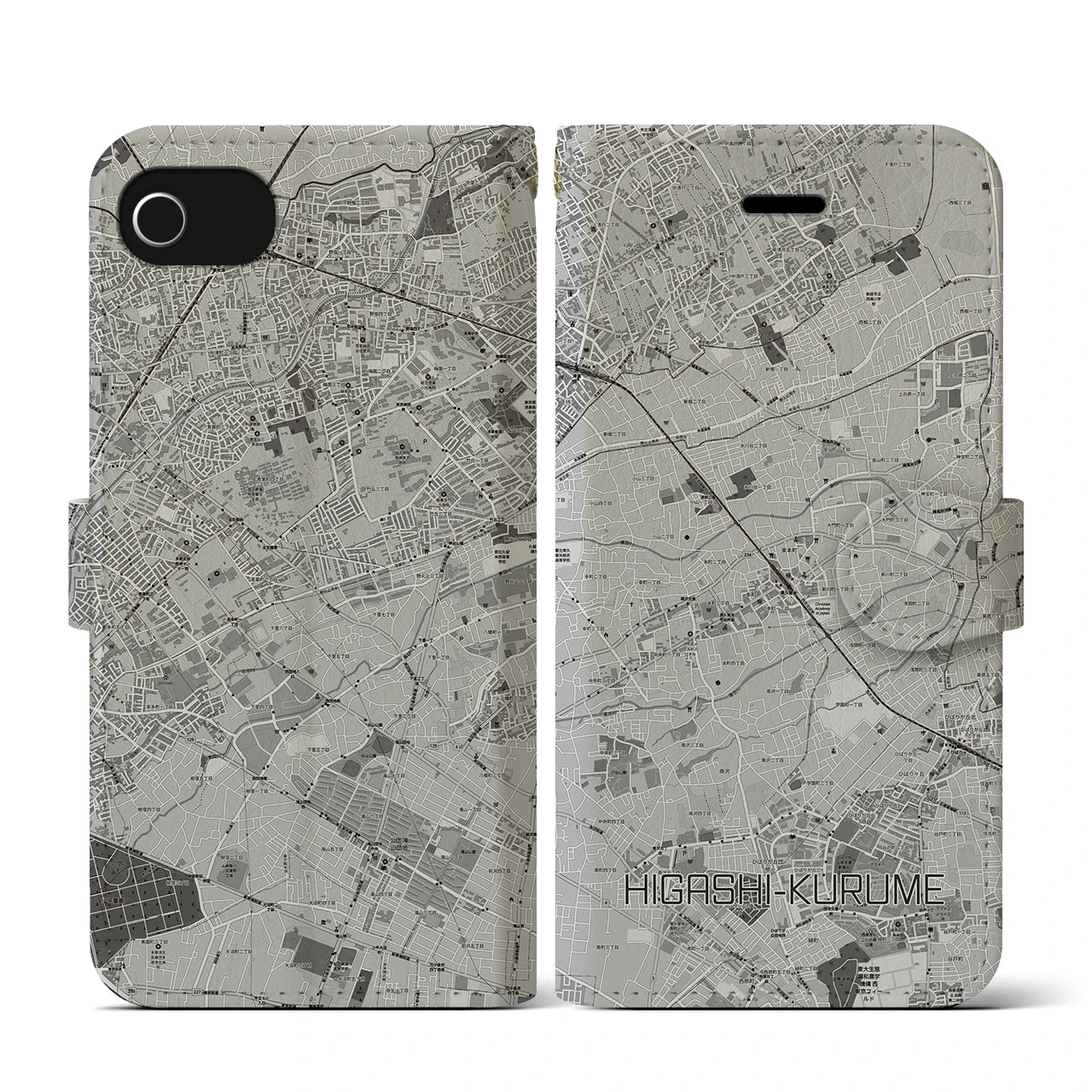 【東久留米(東京都)】地図柄iPhoneケース(手帳タイプ)モノトーン・iPhone SE(第3 / 第2世代) / 8 / 7 / 6s / 6 用