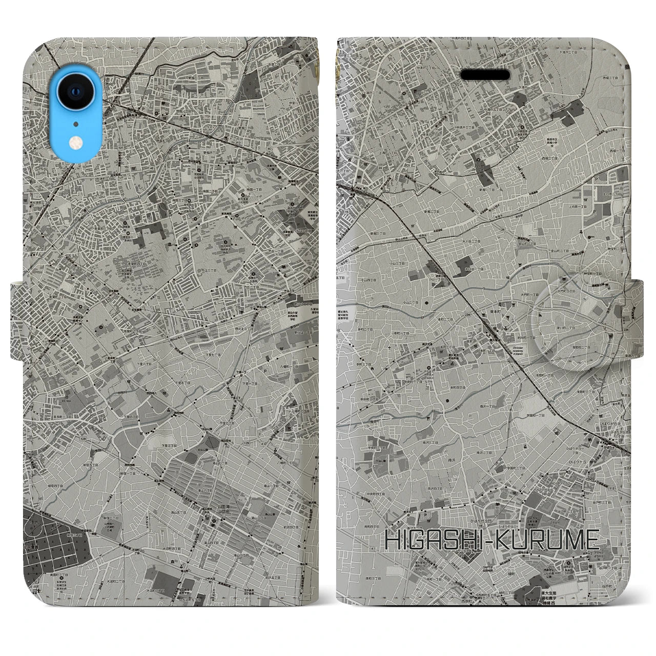 【東久留米(東京都)】地図柄iPhoneケース(手帳タイプ)モノトーン・iPhone XR 用