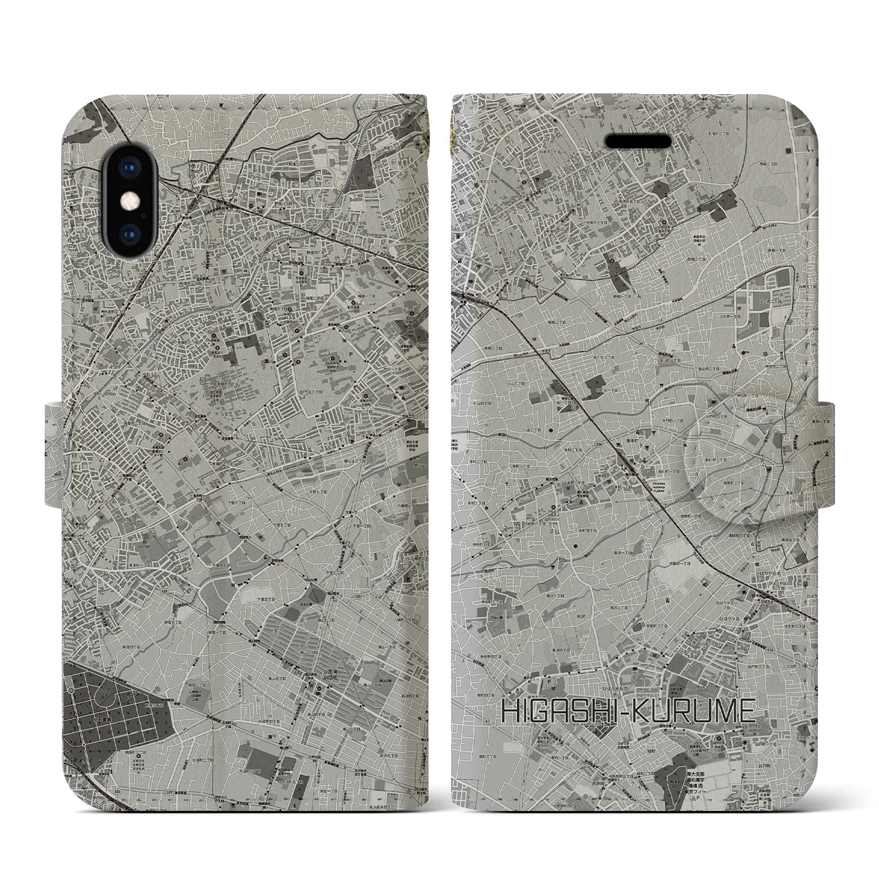 【東久留米(東京都)】地図柄iPhoneケース(手帳タイプ)モノトーン・iPhone XS / X 用