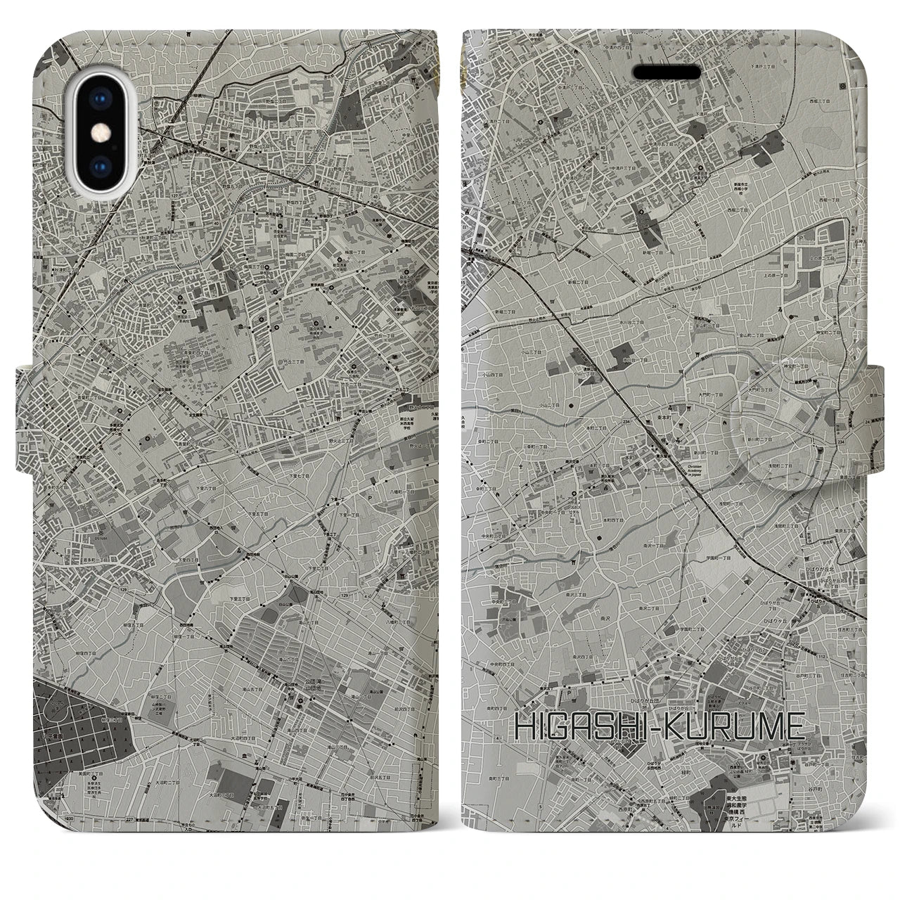 【東久留米(東京都)】地図柄iPhoneケース(手帳タイプ)モノトーン・iPhone XS Max 用
