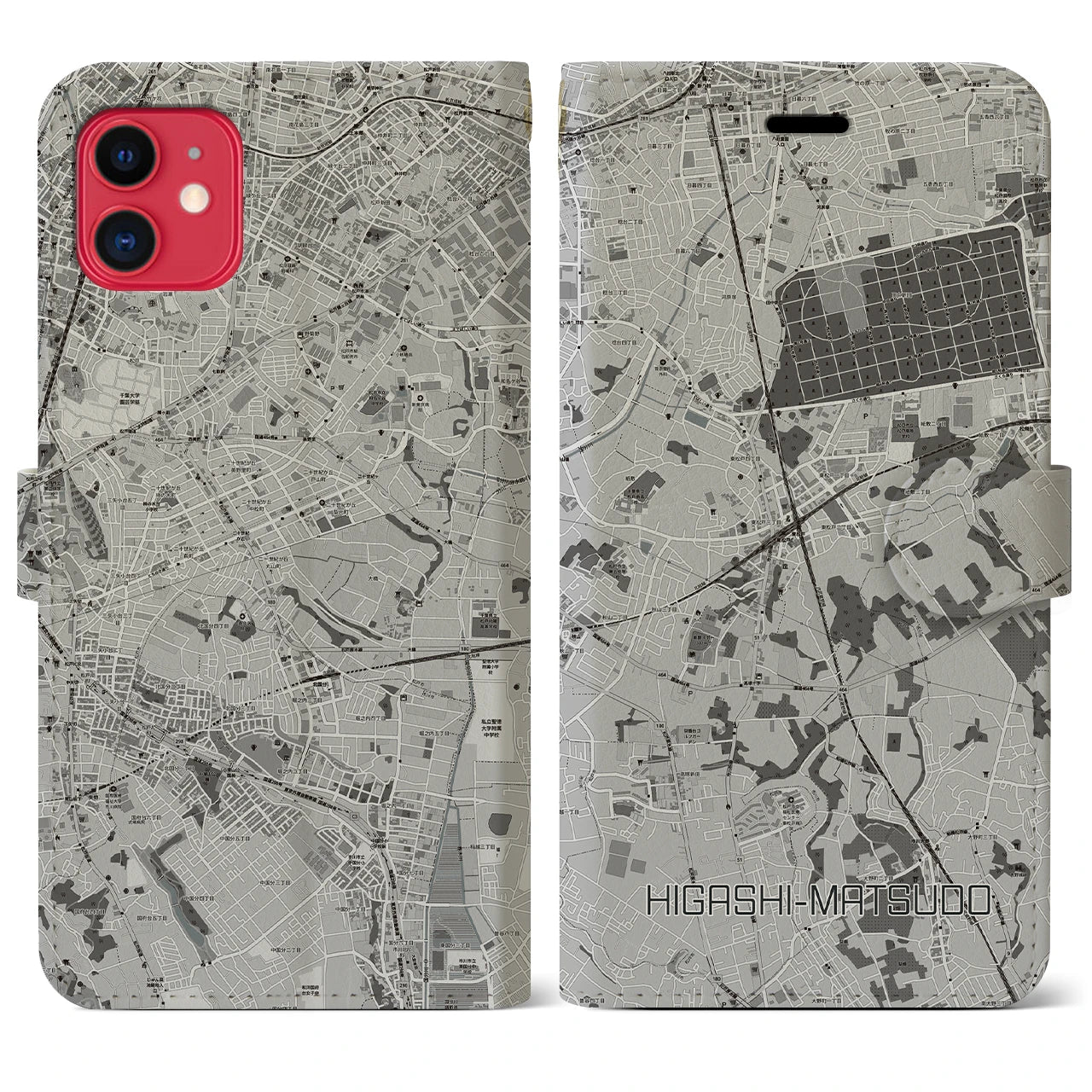 【東松戸(千葉県)】地図柄iPhoneケース(手帳タイプ)モノトーン・iPhone 11 用