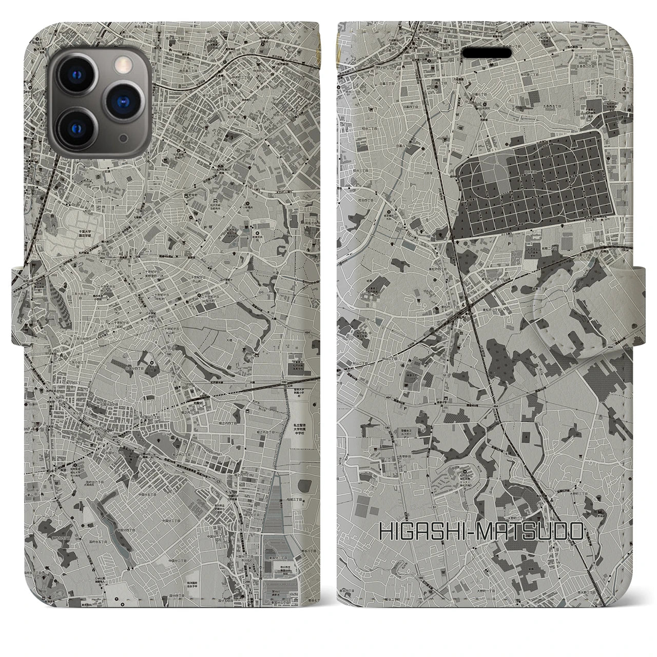 【東松戸(千葉県)】地図柄iPhoneケース(手帳タイプ)モノトーン・iPhone 11 Pro Max 用
