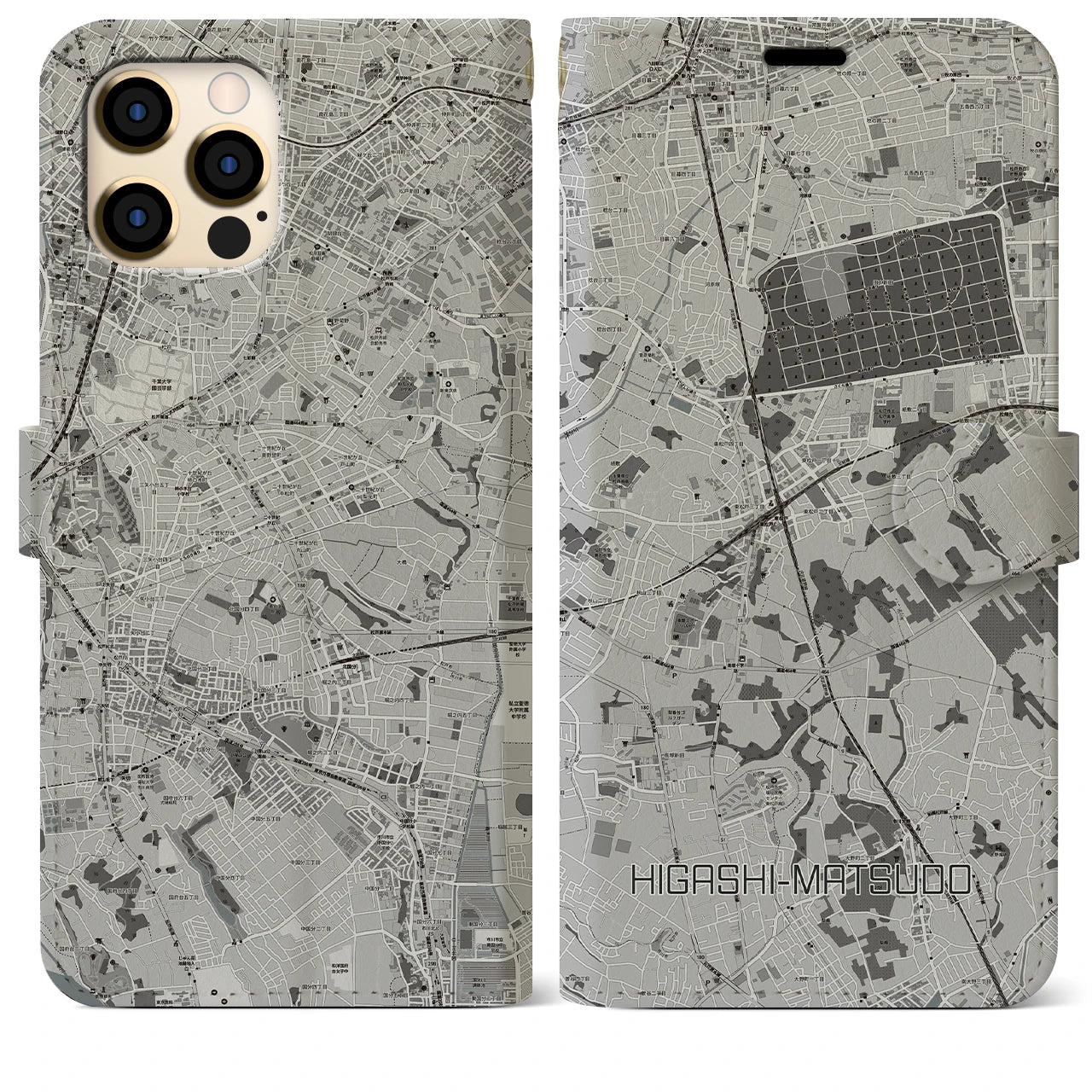 【東松戸(千葉県)】地図柄iPhoneケース(手帳タイプ)モノトーン・iPhone 12 Pro Max 用