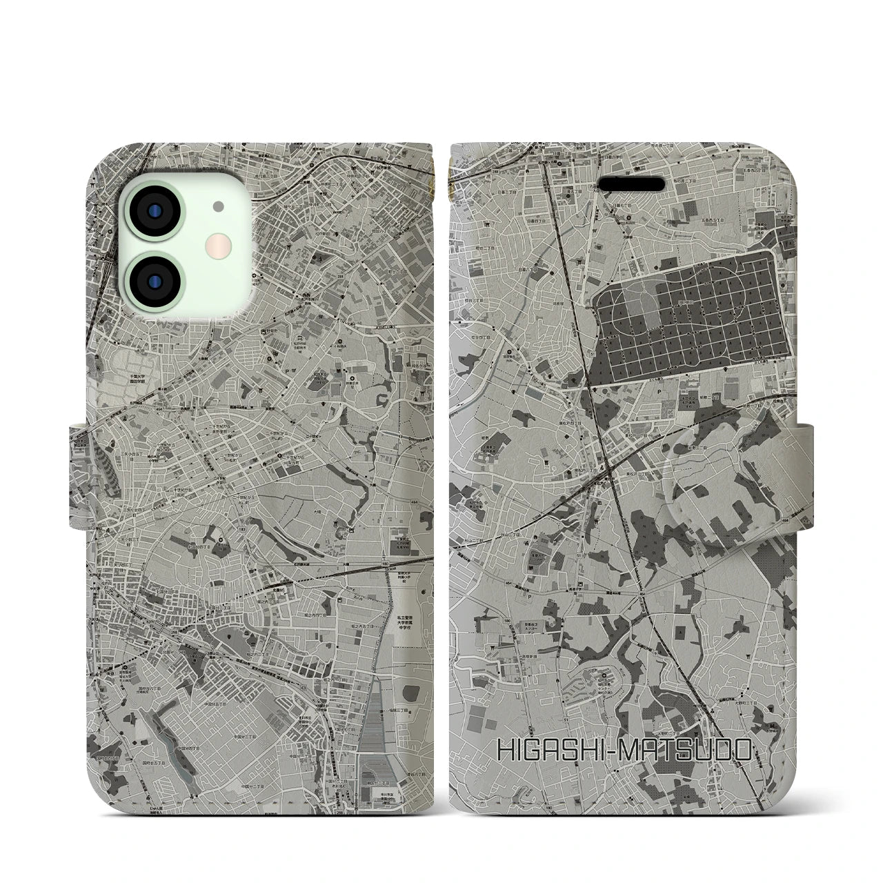 【東松戸(千葉県)】地図柄iPhoneケース(手帳タイプ)モノトーン・iPhone 12 mini 用