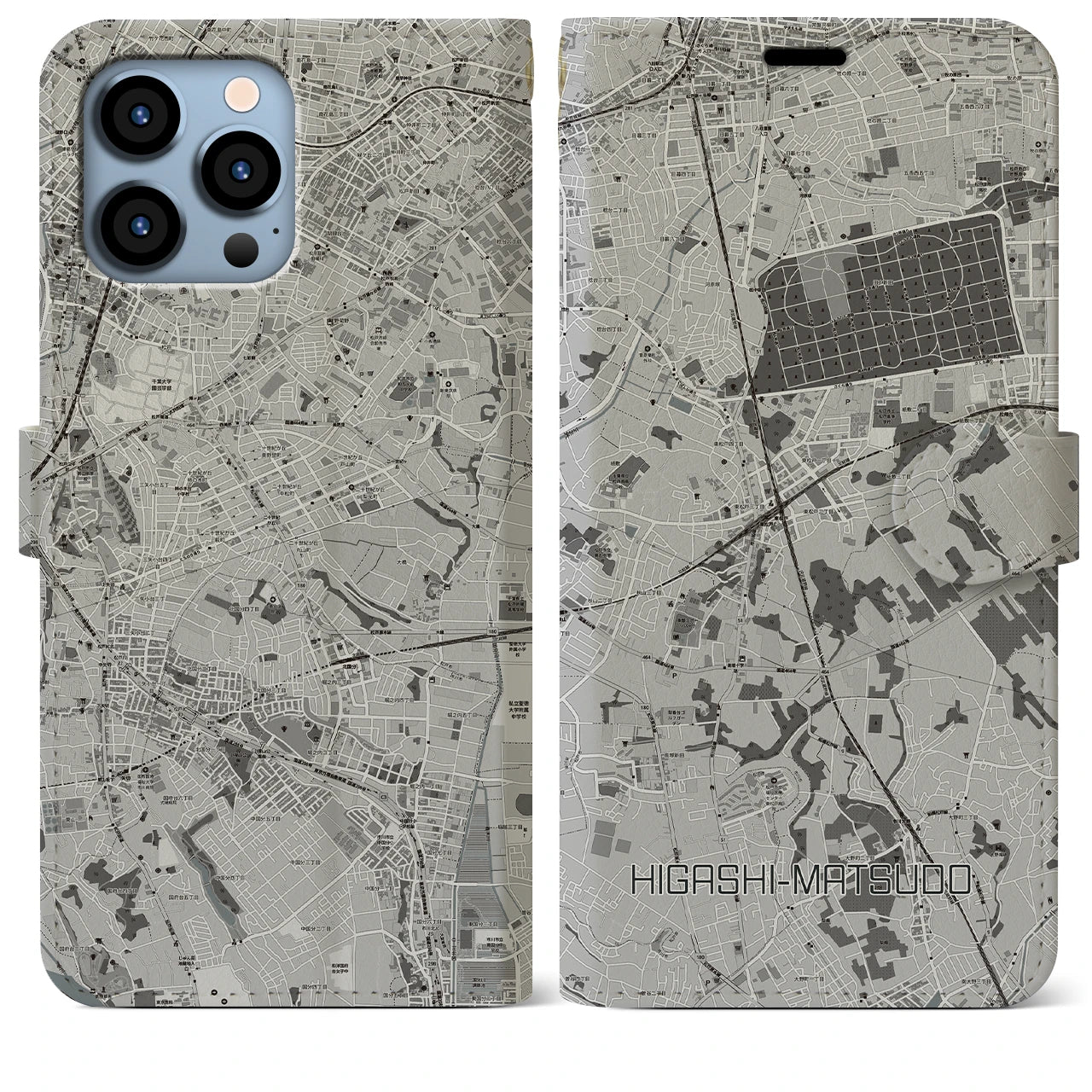 【東松戸(千葉県)】地図柄iPhoneケース(手帳タイプ)モノトーン・iPhone 13 Pro Max 用