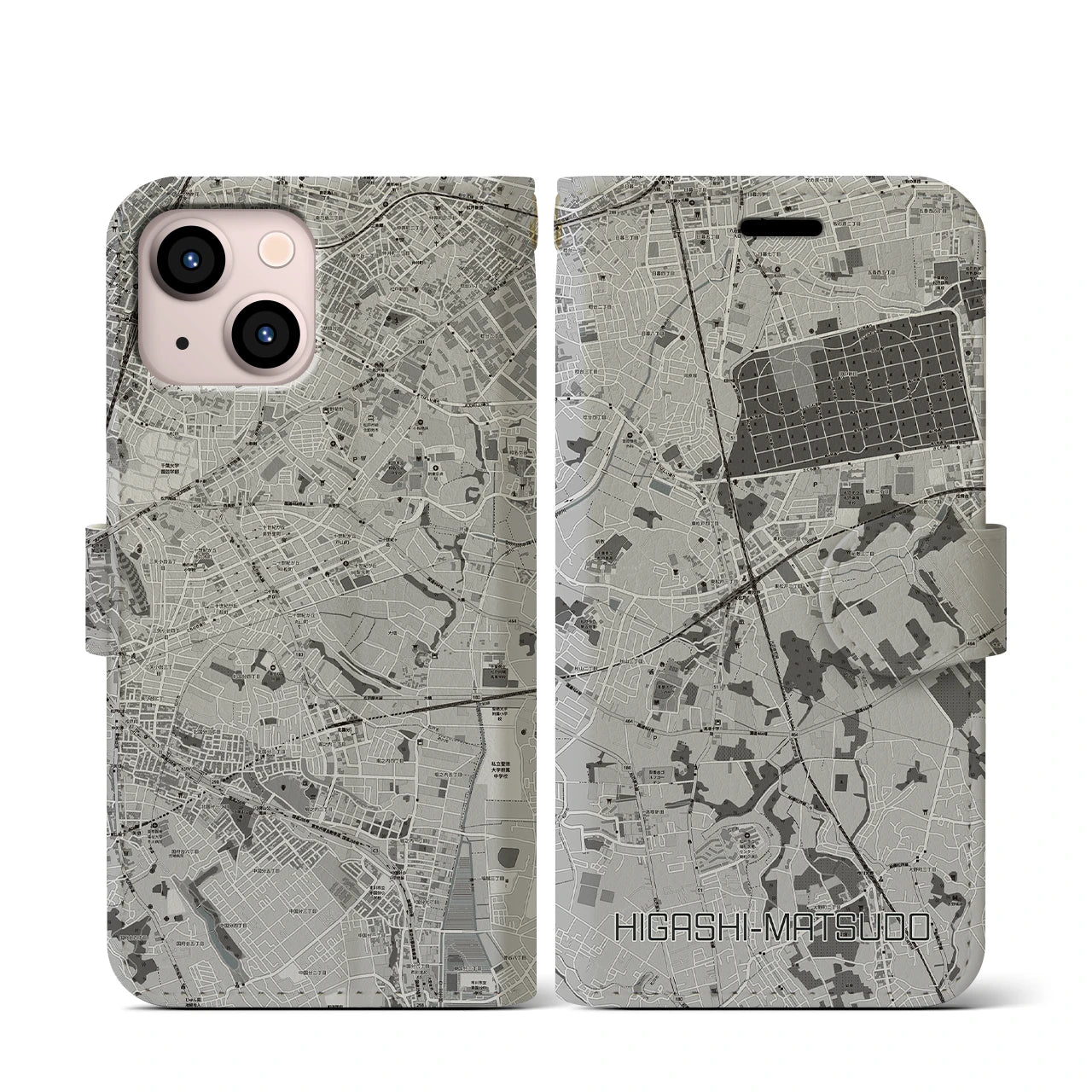 【東松戸(千葉県)】地図柄iPhoneケース(手帳タイプ)モノトーン・iPhone 13 mini 用