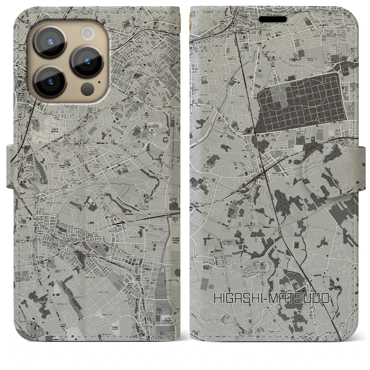 【東松戸(千葉県)】地図柄iPhoneケース(手帳タイプ)モノトーン・iPhone 14 Pro Max 用