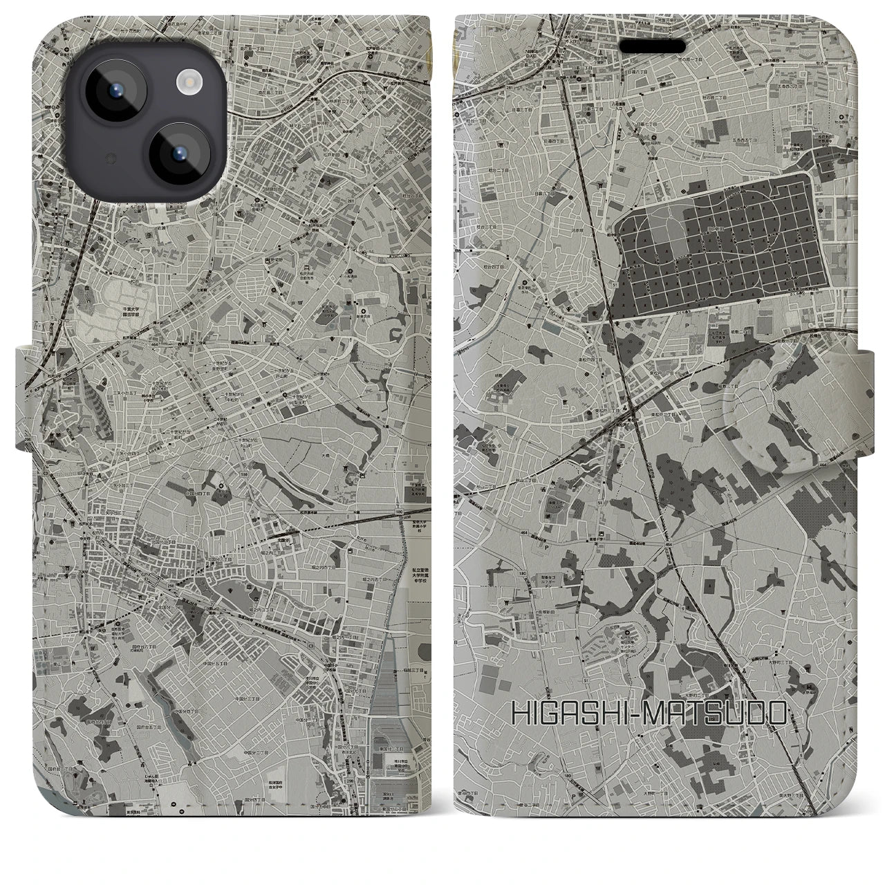 【東松戸(千葉県)】地図柄iPhoneケース(手帳タイプ)モノトーン・iPhone 14 Plus 用