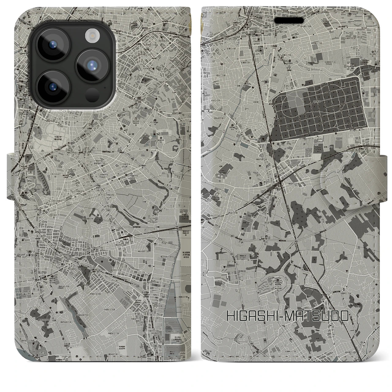 【東松戸(千葉県)】地図柄iPhoneケース(手帳タイプ)モノトーン・iPhone 15 Pro Max 用