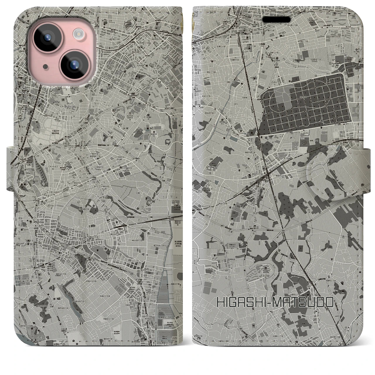 【東松戸(千葉県)】地図柄iPhoneケース(手帳タイプ)モノトーン・iPhone 15 Plus 用