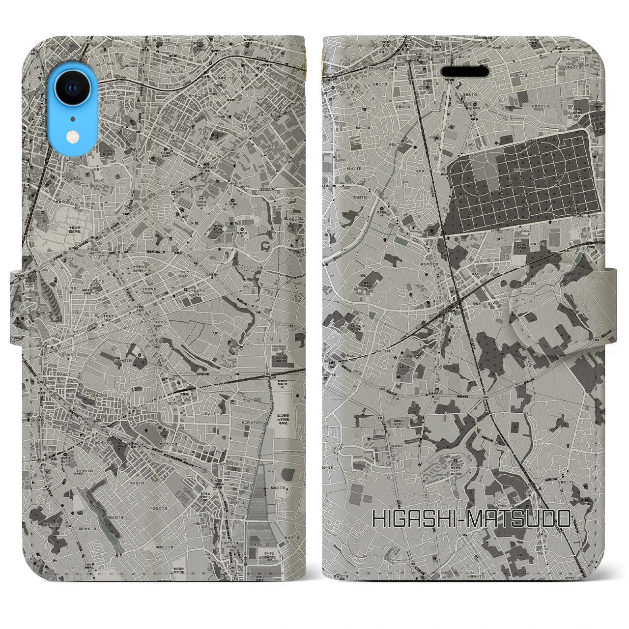 【東松戸(千葉県)】地図柄iPhoneケース(手帳タイプ)モノトーン・iPhone XR 用