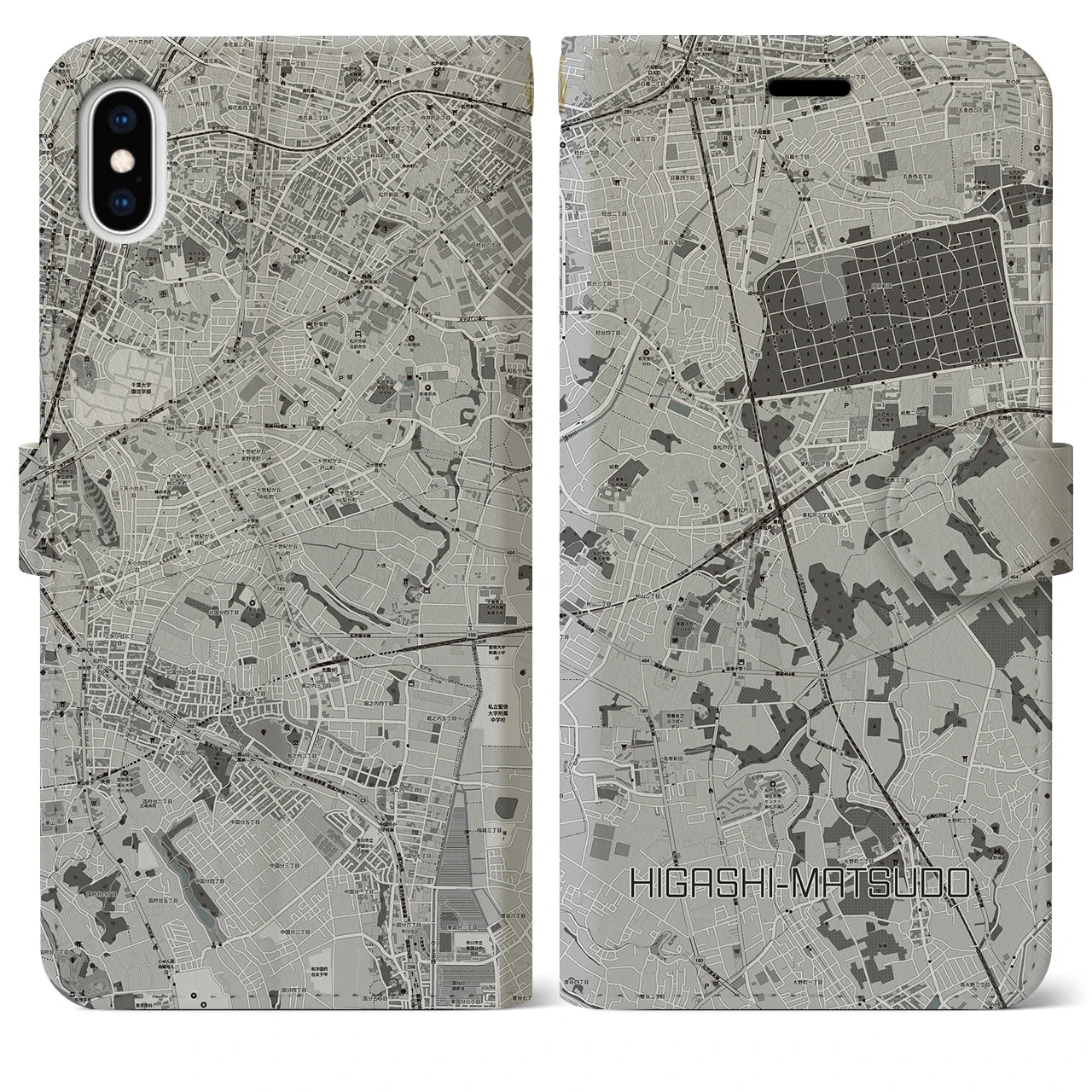 【東松戸(千葉県)】地図柄iPhoneケース(手帳タイプ)モノトーン・iPhone XS Max 用