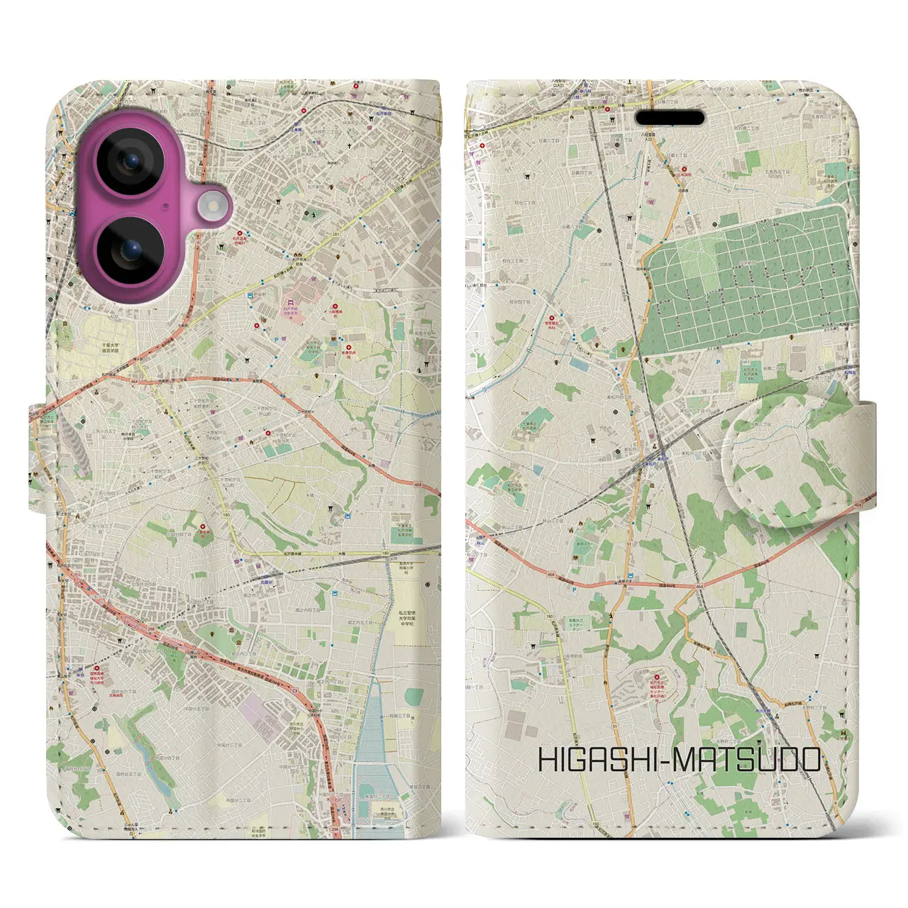 【東松戸(千葉県)】地図柄iPhoneケース(手帳タイプ)ナチュラル・iPhone 16 Pro 用