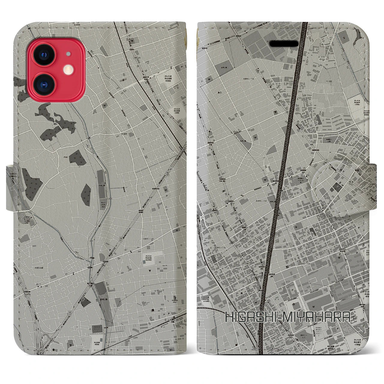 【東宮原(埼玉県)】地図柄iPhoneケース(手帳タイプ)モノトーン・iPhone 11 用