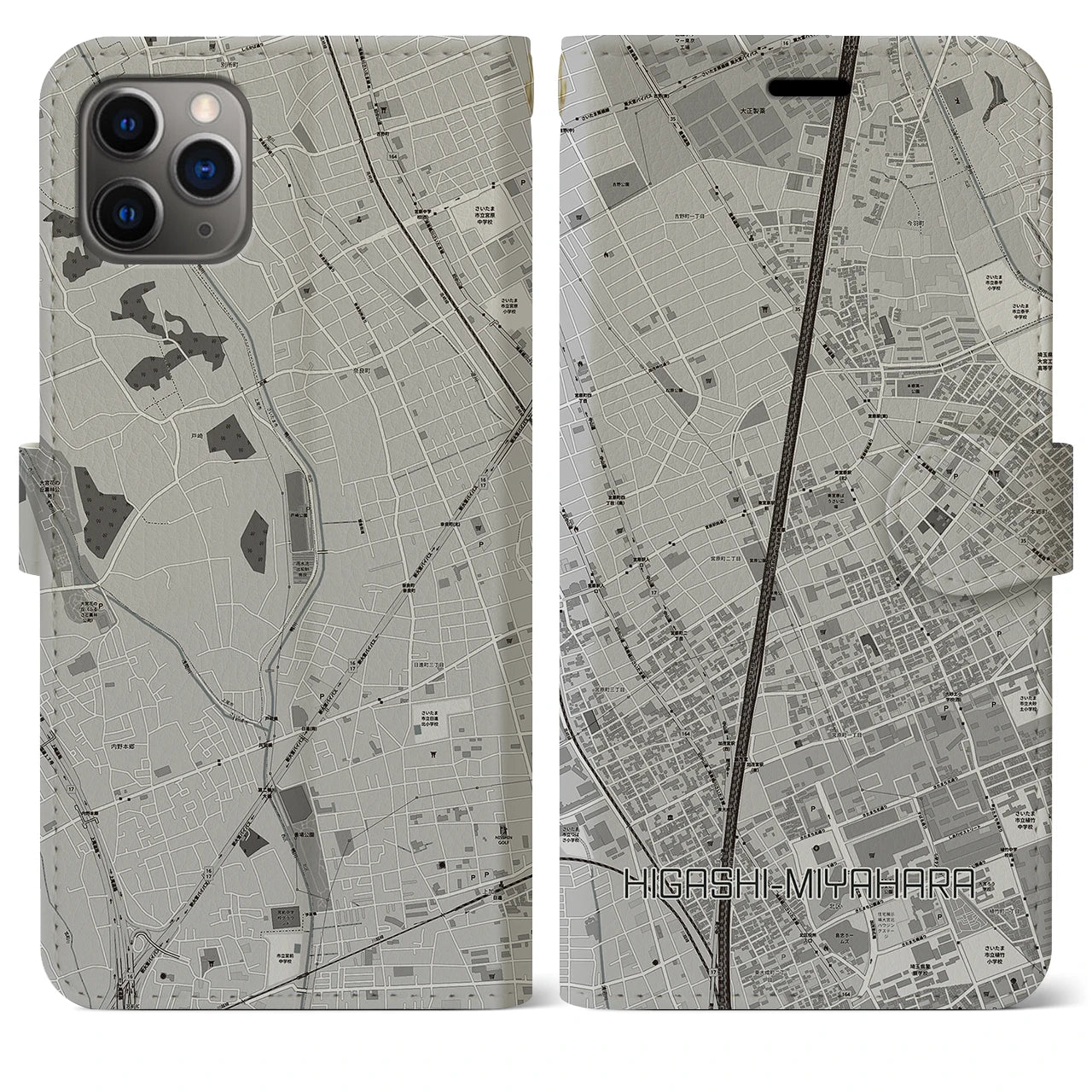 【東宮原(埼玉県)】地図柄iPhoneケース(手帳タイプ)モノトーン・iPhone 11 Pro Max 用
