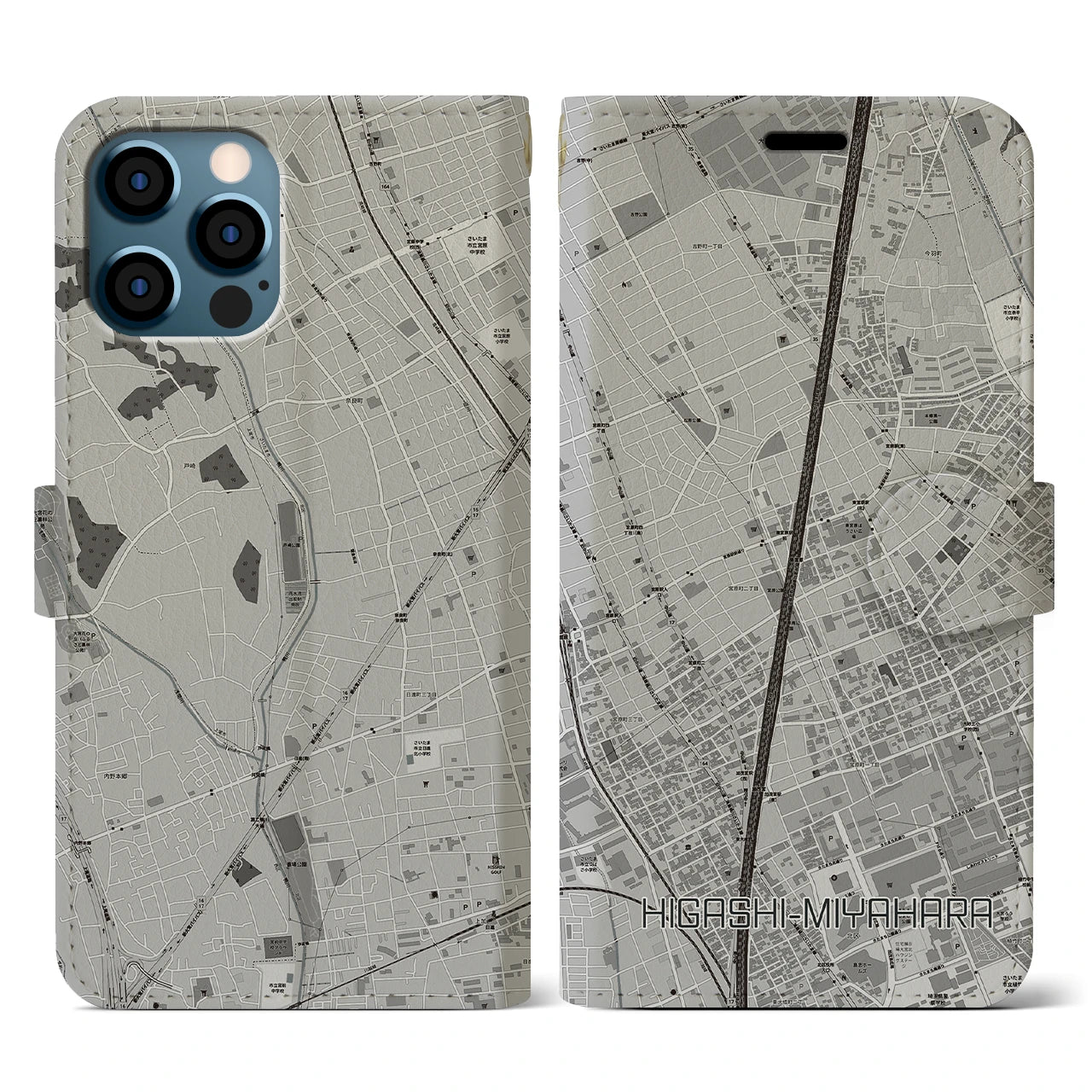 【東宮原(埼玉県)】地図柄iPhoneケース(手帳タイプ)モノトーン・iPhone 12 / 12 Pro 用