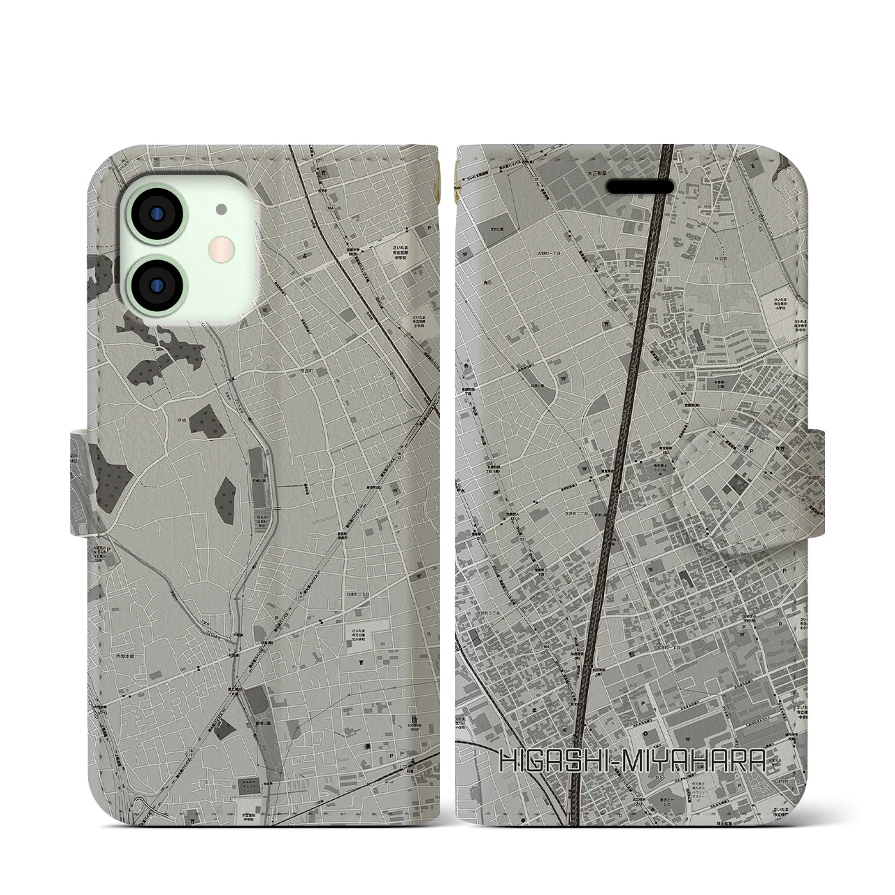 【東宮原(埼玉県)】地図柄iPhoneケース(手帳タイプ)モノトーン・iPhone 12 mini 用