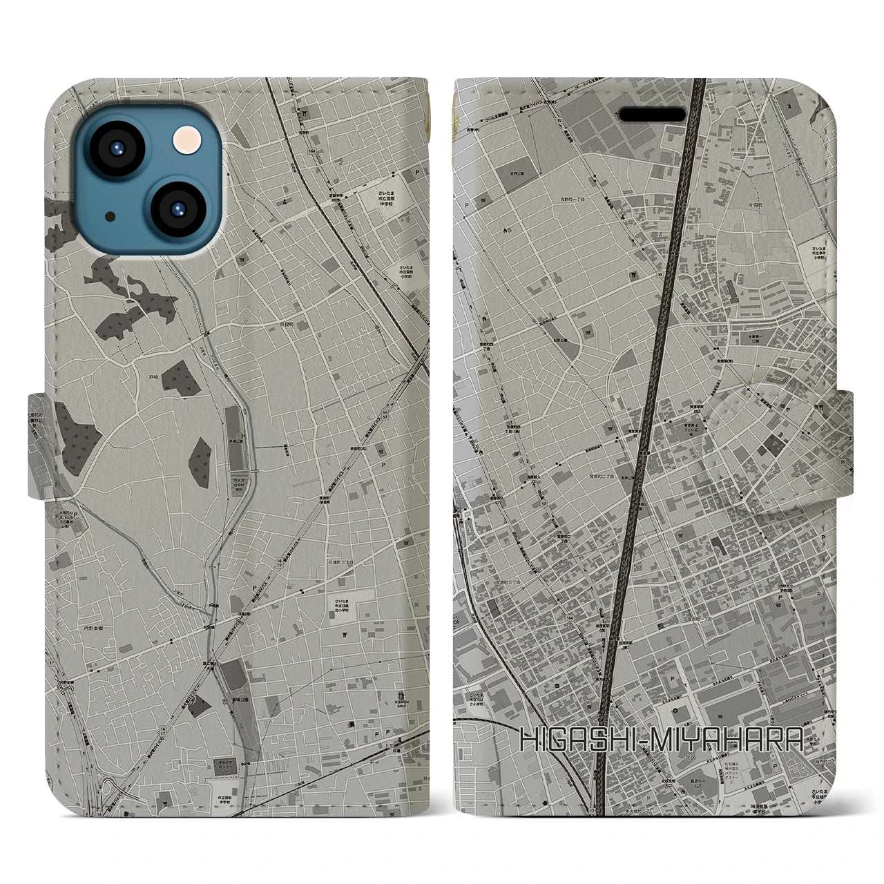 【東宮原(埼玉県)】地図柄iPhoneケース(手帳タイプ)モノトーン・iPhone 13 用