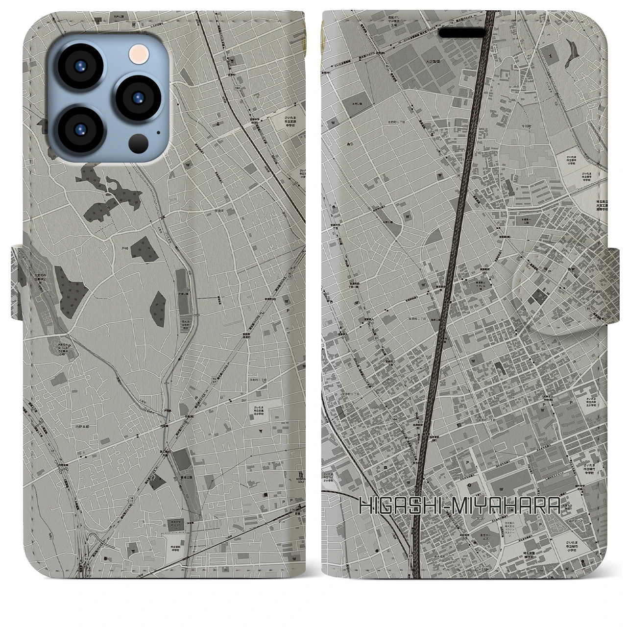 【東宮原(埼玉県)】地図柄iPhoneケース(手帳タイプ)モノトーン・iPhone 13 Pro Max 用