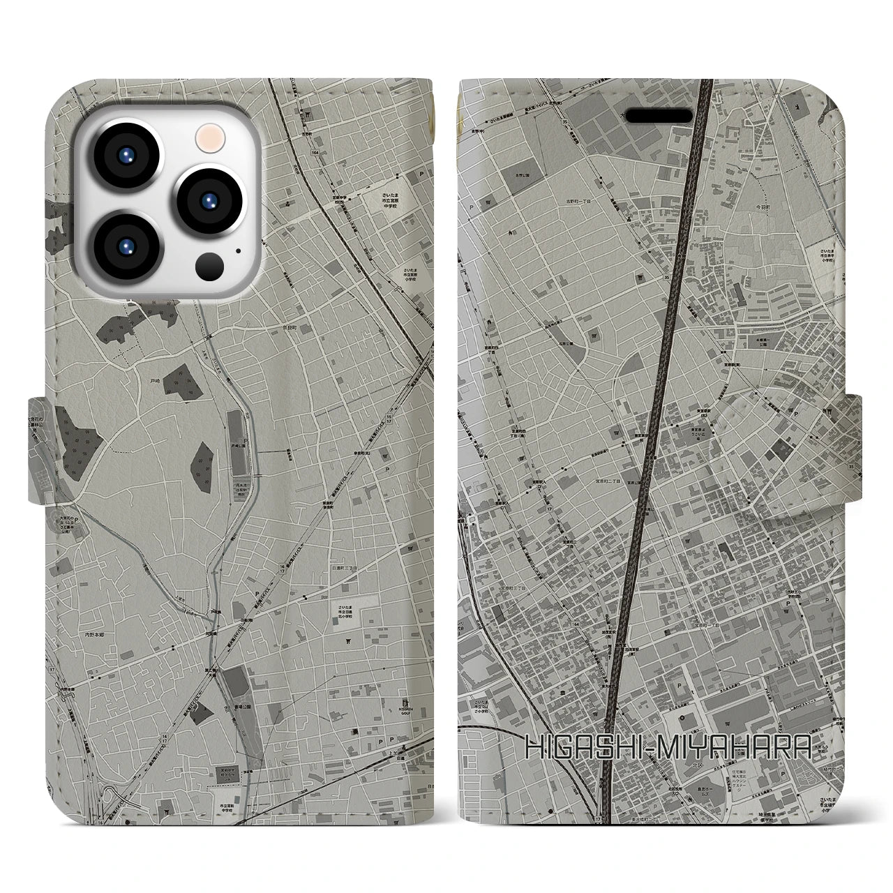 【東宮原(埼玉県)】地図柄iPhoneケース(手帳タイプ)モノトーン・iPhone 13 Pro 用