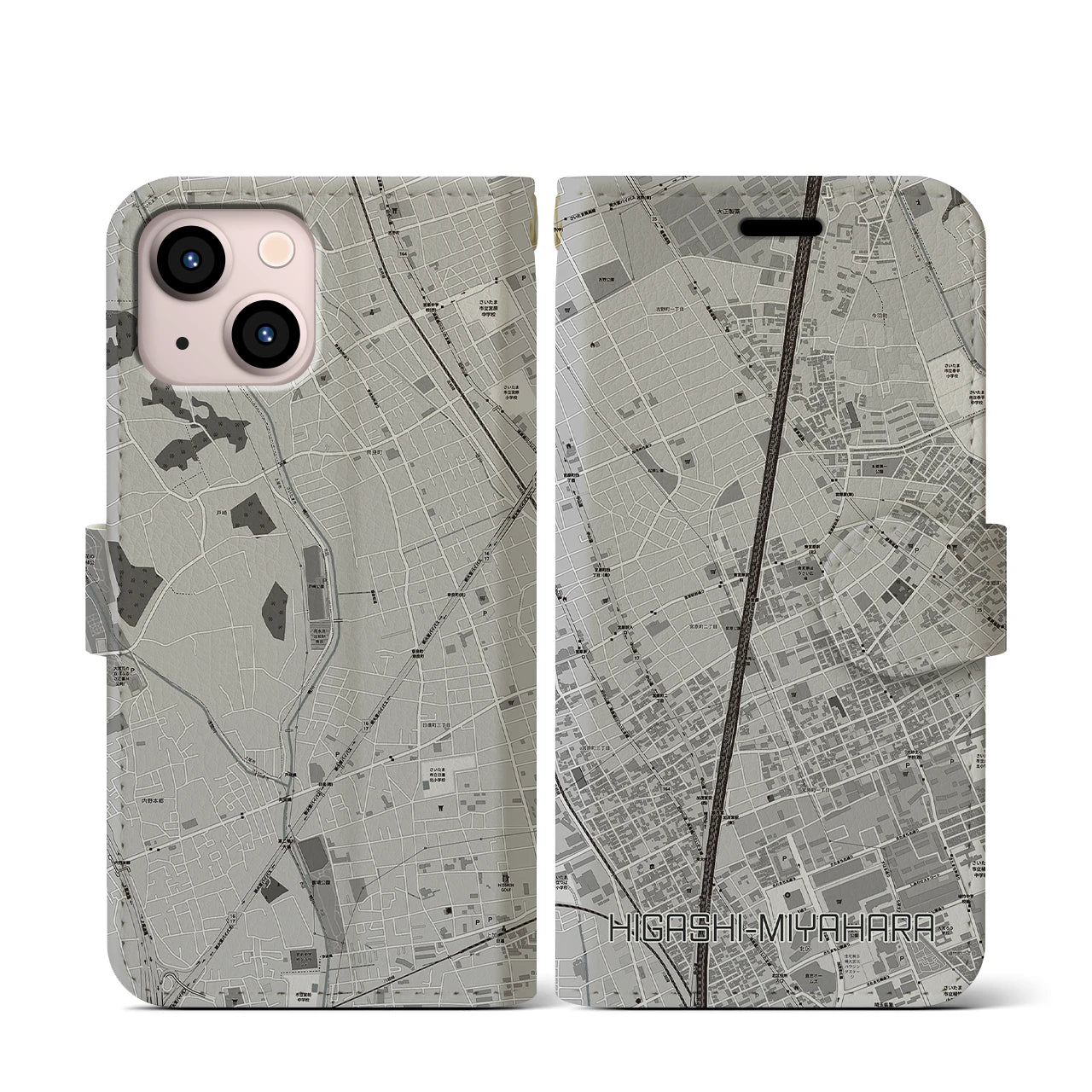 【東宮原(埼玉県)】地図柄iPhoneケース(手帳タイプ)モノトーン・iPhone 13 mini 用