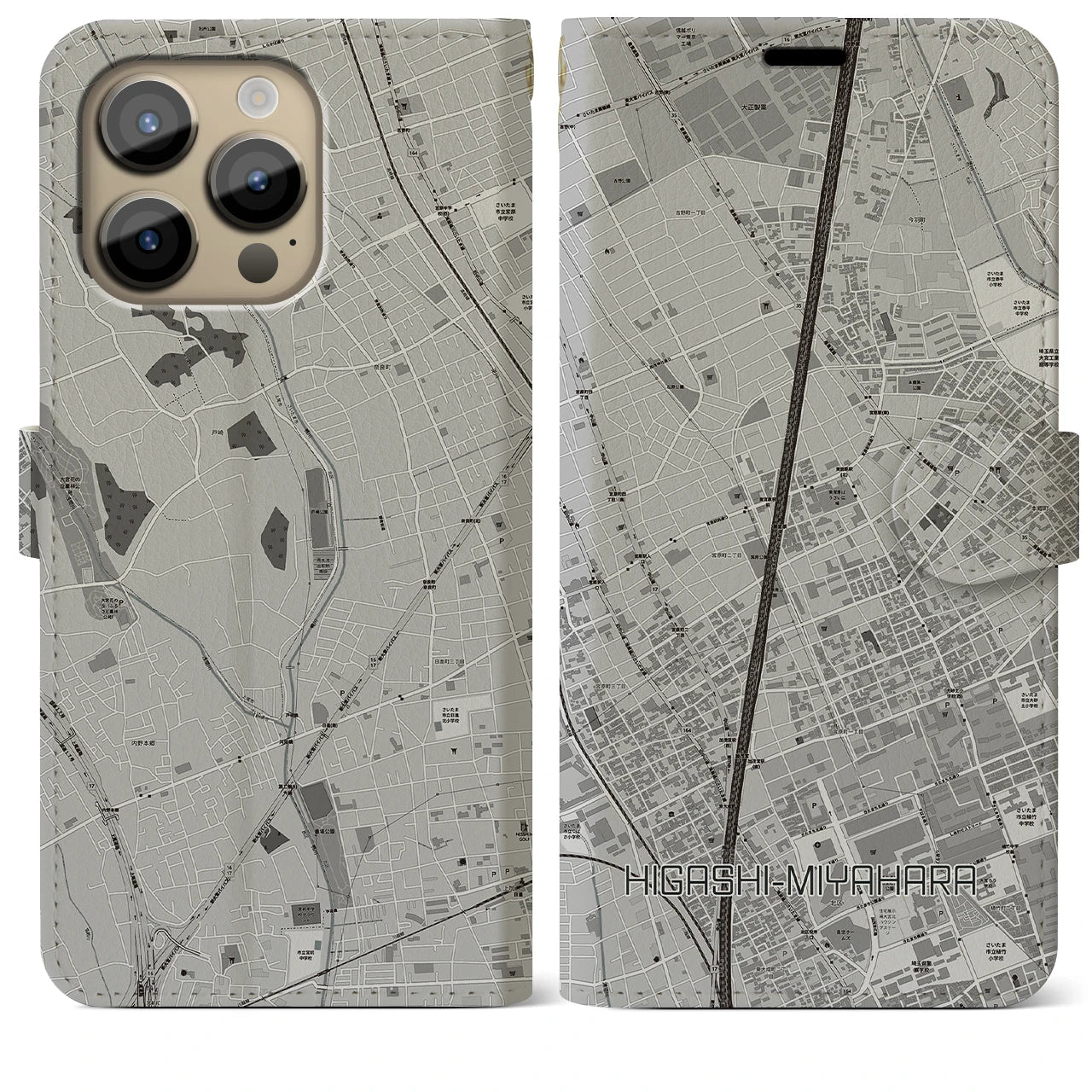 【東宮原(埼玉県)】地図柄iPhoneケース(手帳タイプ)モノトーン・iPhone 14 Pro Max 用