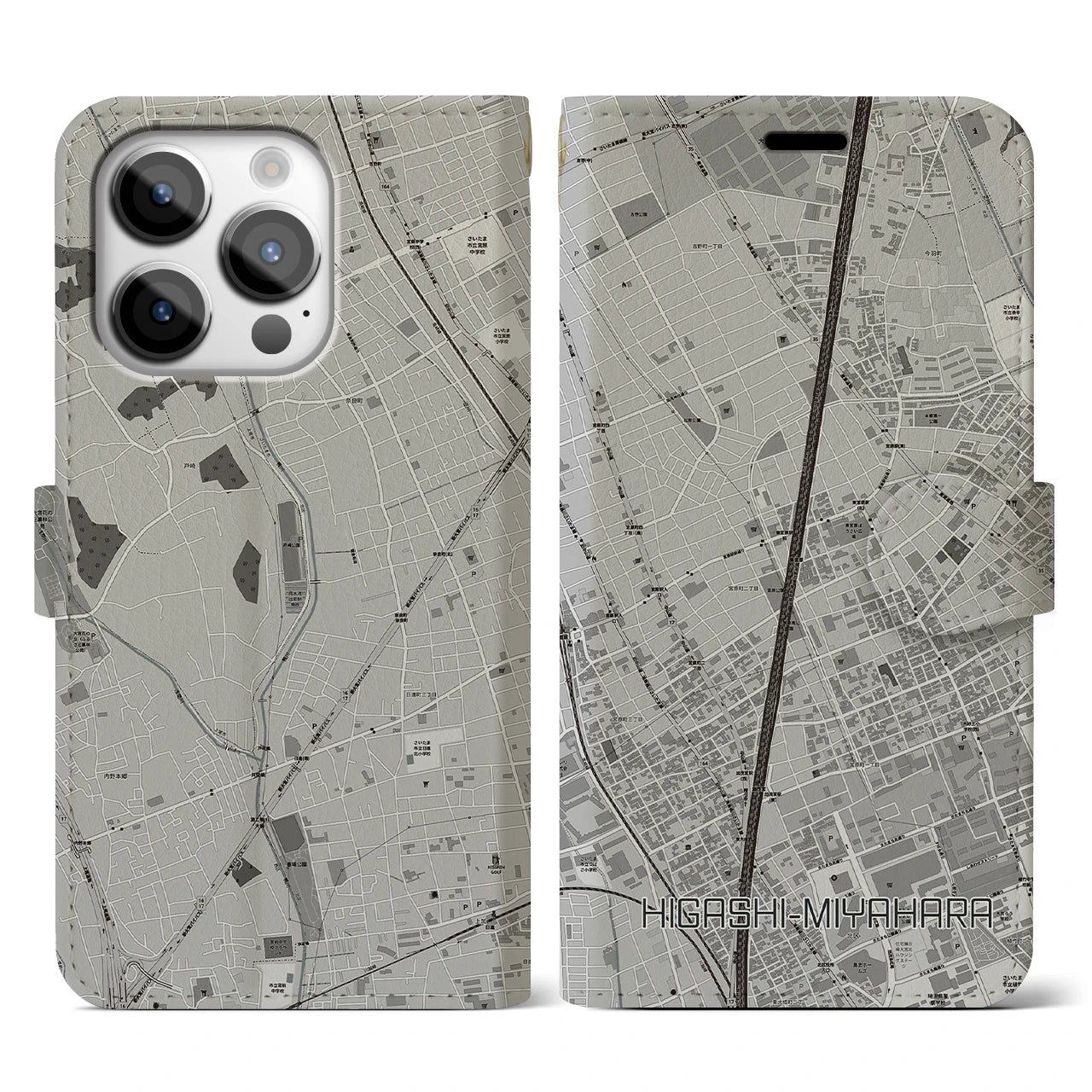 【東宮原(埼玉県)】地図柄iPhoneケース(手帳タイプ)モノトーン・iPhone 14 Pro 用