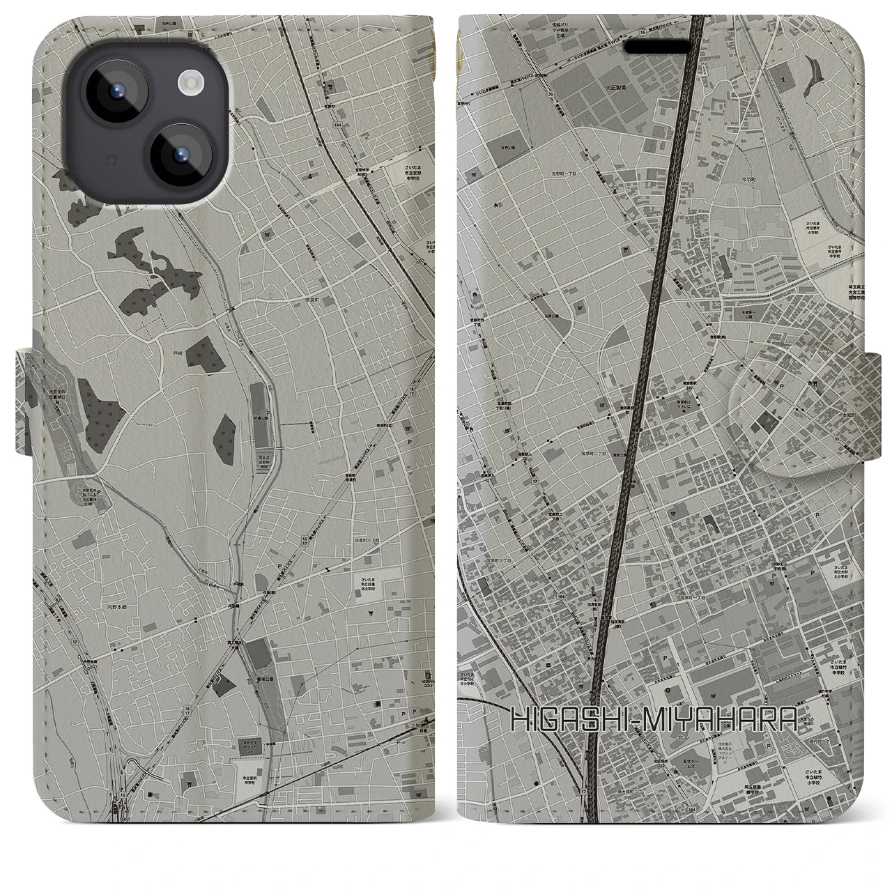 【東宮原(埼玉県)】地図柄iPhoneケース(手帳タイプ)モノトーン・iPhone 14 Plus 用