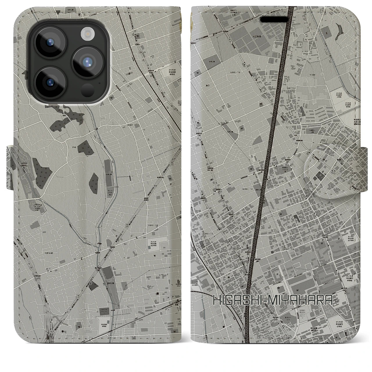 【東宮原(埼玉県)】地図柄iPhoneケース(手帳タイプ)モノトーン・iPhone 15 Pro Max 用