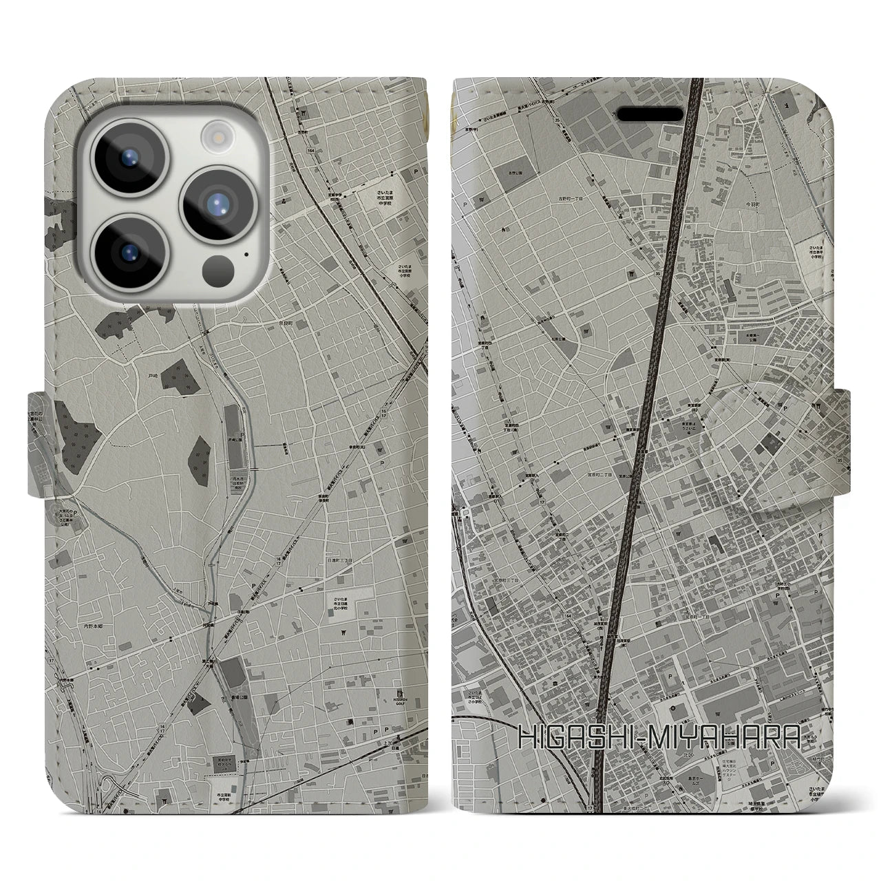 【東宮原(埼玉県)】地図柄iPhoneケース(手帳タイプ)モノトーン・iPhone 15 Pro 用