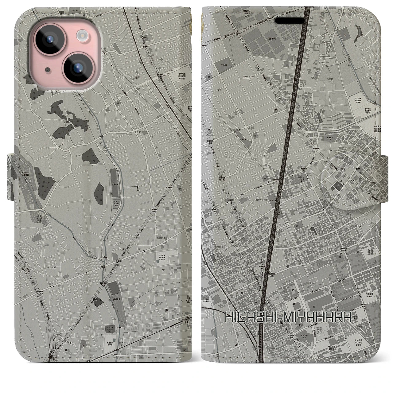 【東宮原(埼玉県)】地図柄iPhoneケース(手帳タイプ)モノトーン・iPhone 15 Plus 用