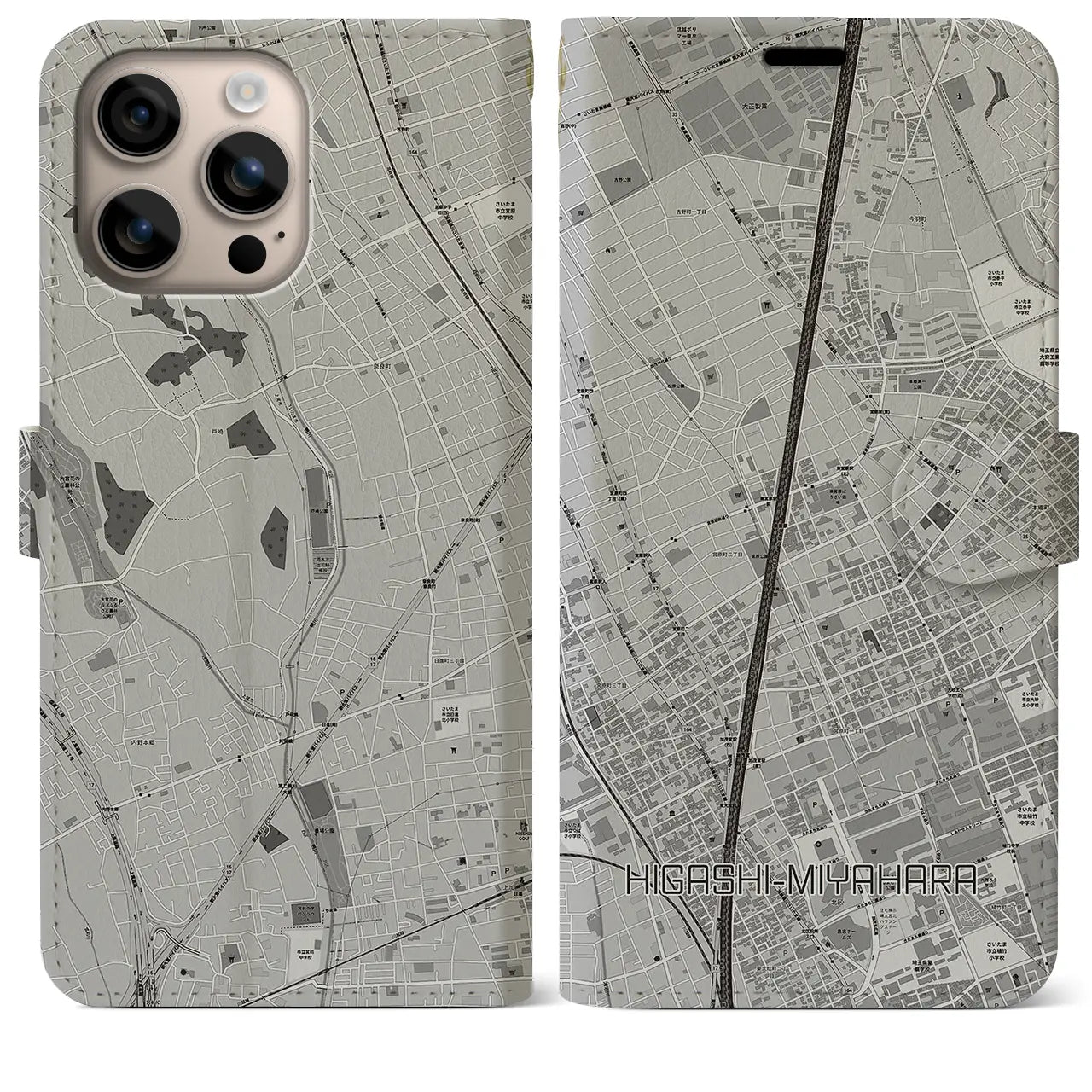 【東宮原(埼玉県)】地図柄iPhoneケース(手帳タイプ)モノトーン・iPhone 16 Plus 用