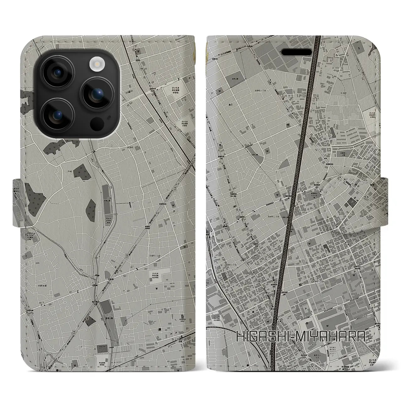 【東宮原(埼玉県)】地図柄iPhoneケース(手帳タイプ)モノトーン・iPhone 16 用