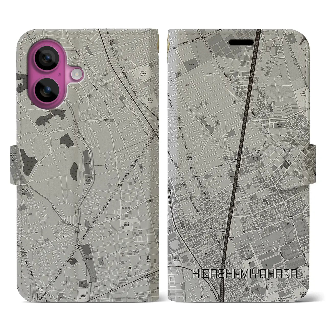 【東宮原(埼玉県)】地図柄iPhoneケース(手帳タイプ)モノトーン・iPhone 16 Pro 用